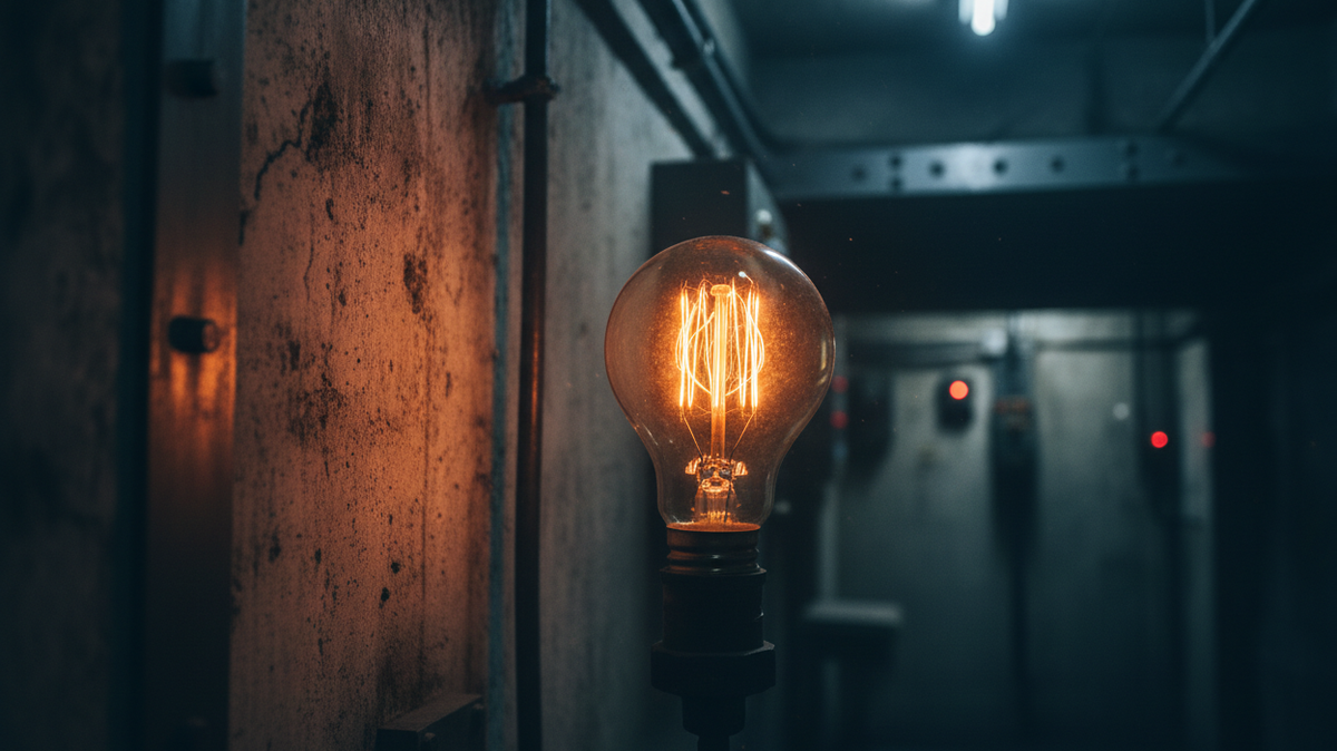 A close up of an old fashioned filament lightbulb glowing against a dark background