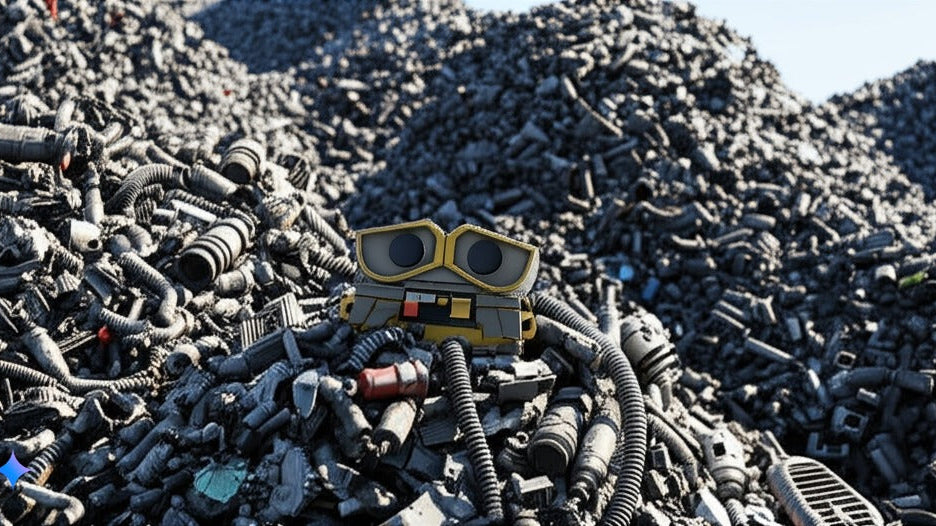 A pile of discarded AI robots, broken and tangled, symbolising the urgent need for sustainable and repairable design in robotics.