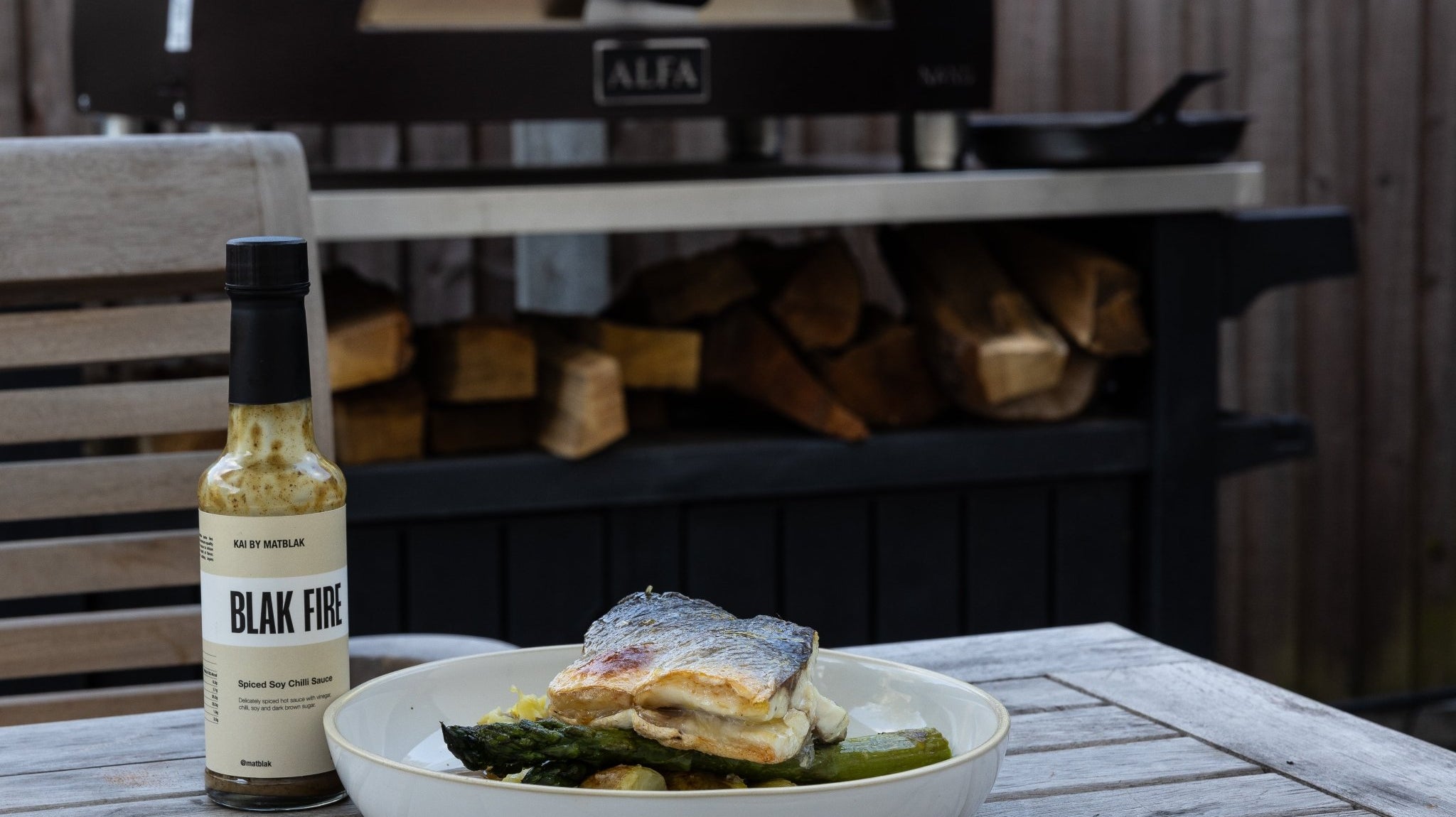 Wood Roasted Seabass, Jersey Royal potatoes, Charred Asparagus & BLAK FIRE - Buy Me Once UK