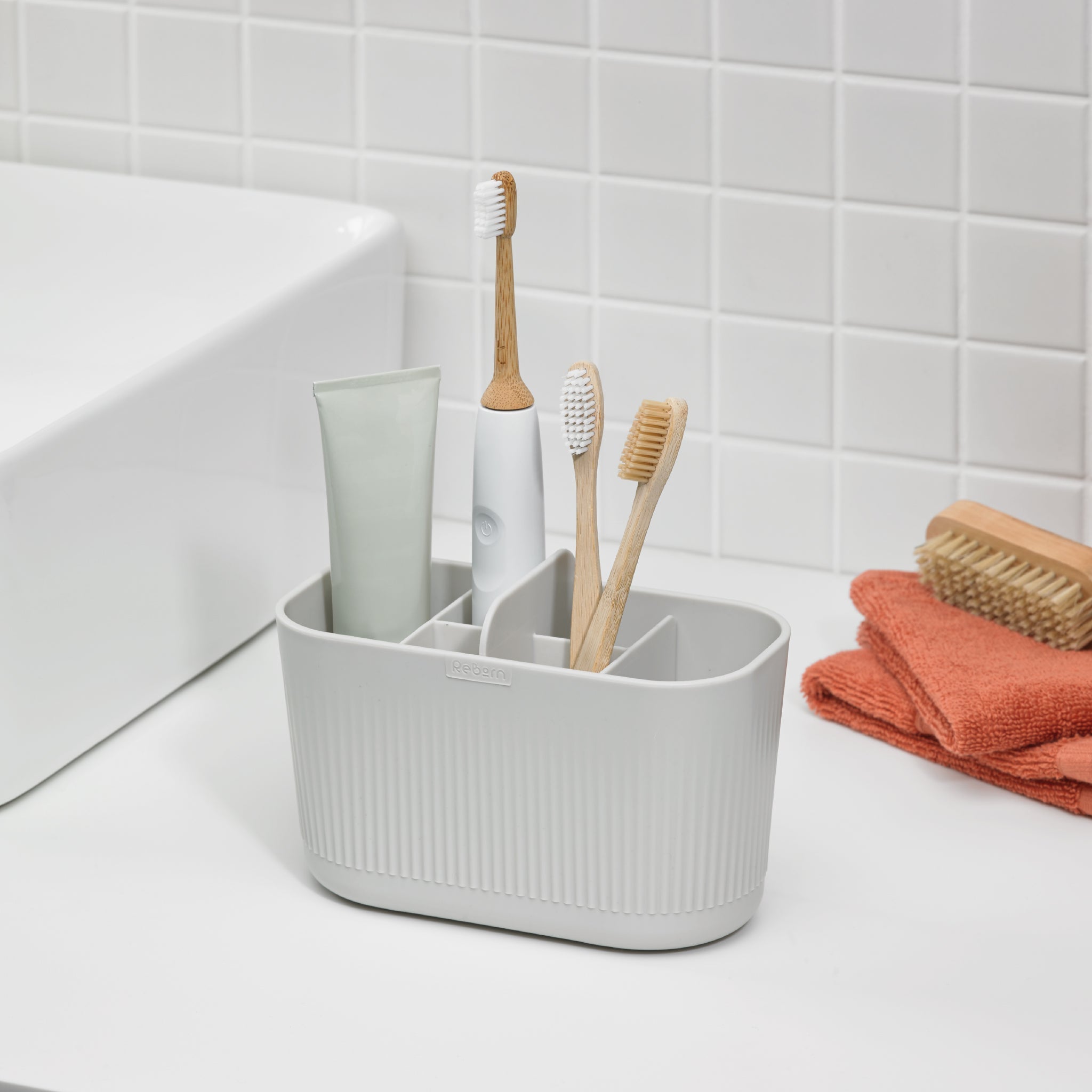 ReBorn Large Bathroom Caddy, multi-compartment organizer for clutter-free counters and easy access.