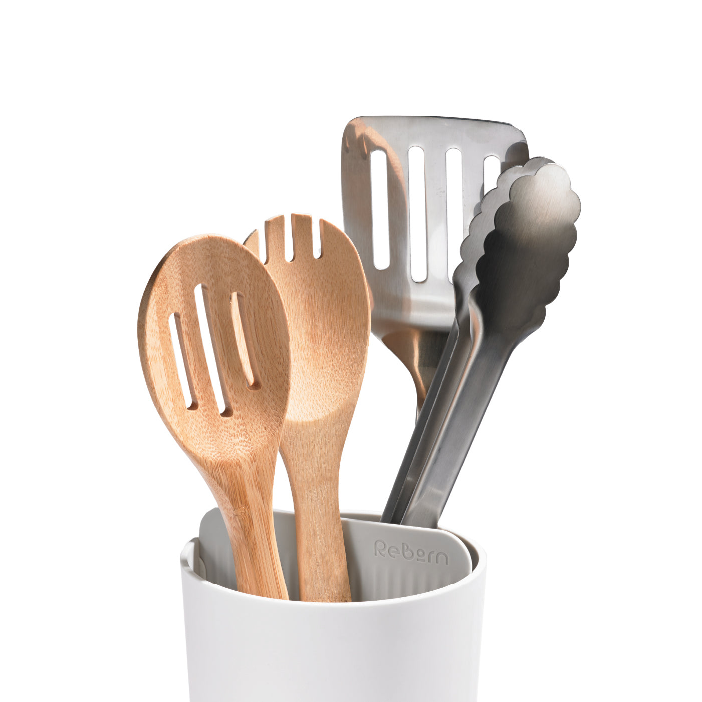 White recycled utensil holder with wooden spoons, spatula, and tongs—eco-friendly and stylish organization.