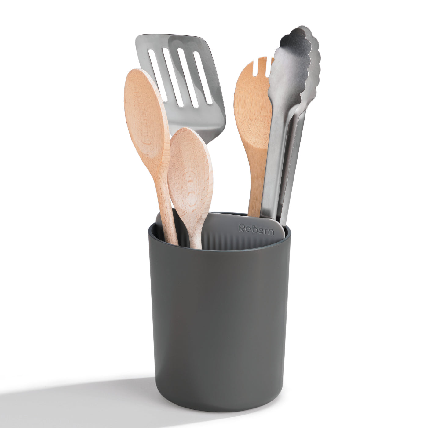 Dark gray recycled utensil holder by ReBorn, stylish eco-friendly storage for kitchen tools.