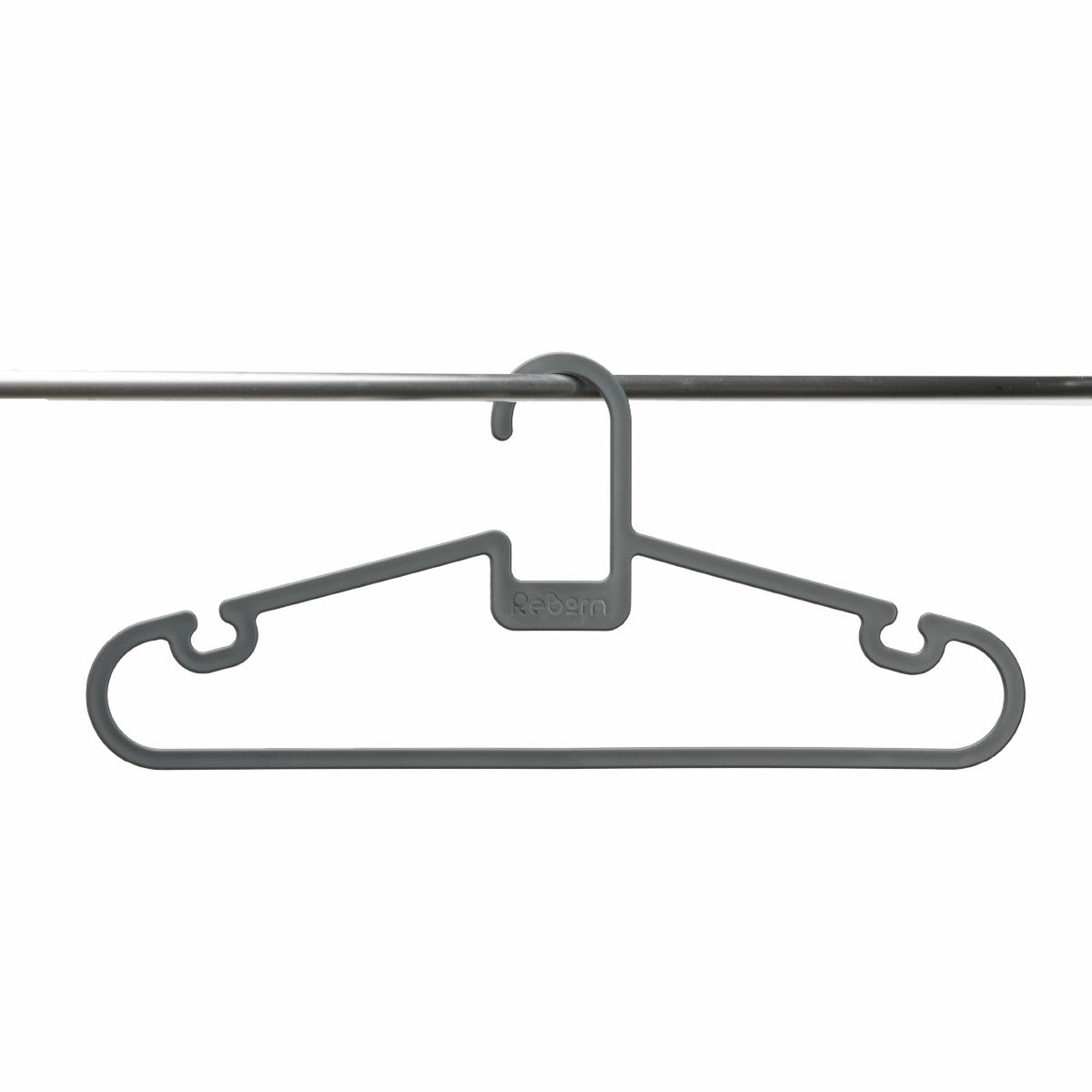Durable recycled coat hanger with matte gray finish, notched design secures straps effortlessly.