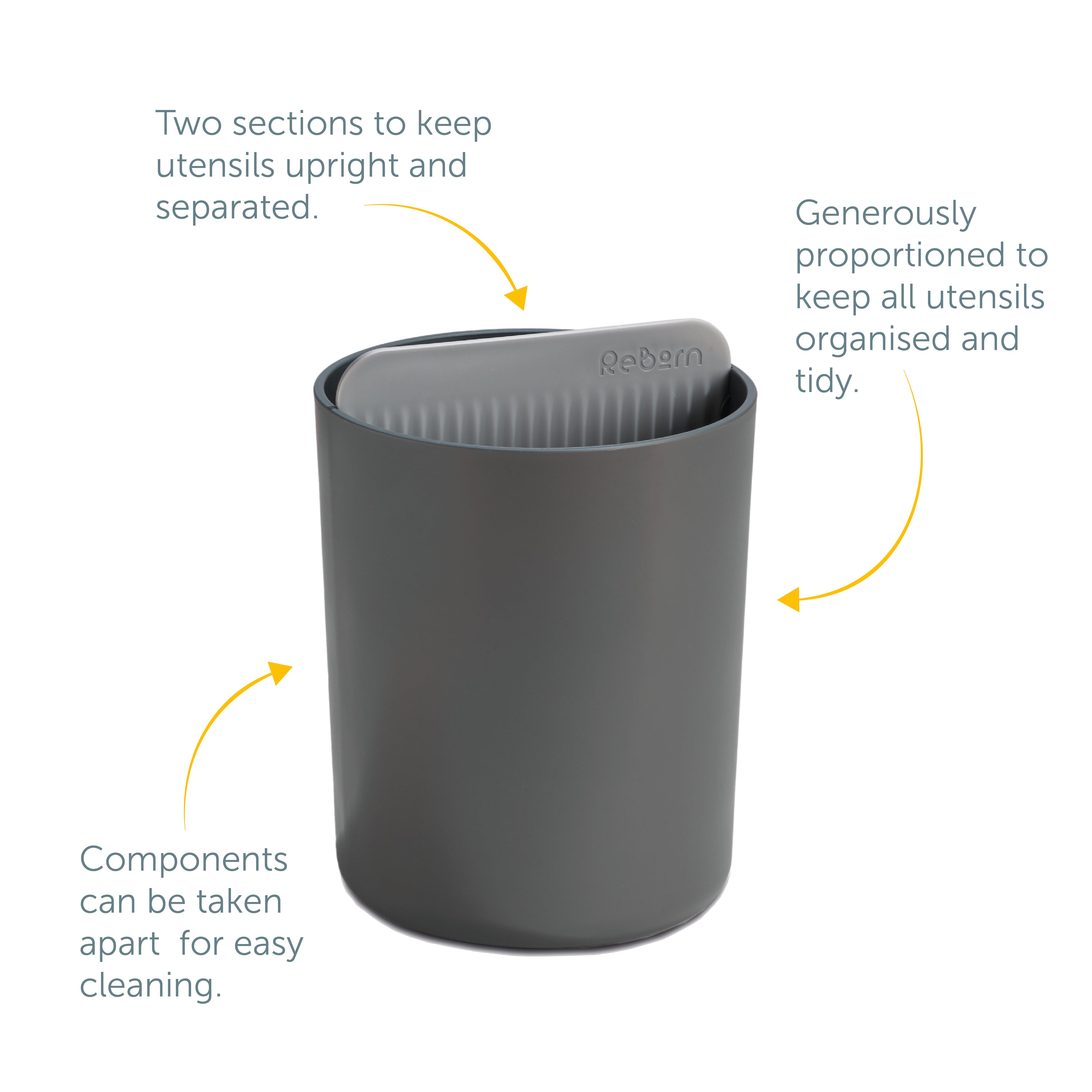 Eco-friendly recycled utensil holder with two sections for organized storage and easy cleaning.