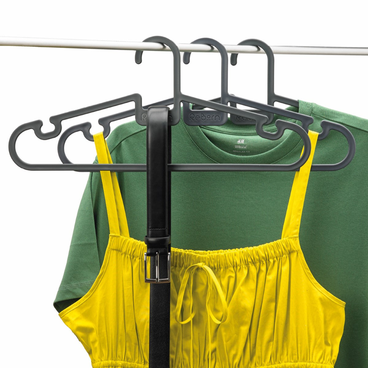 Set of five ReBorn recycled coat hangers with multi-hook design for space-saving, eco-friendly organization.