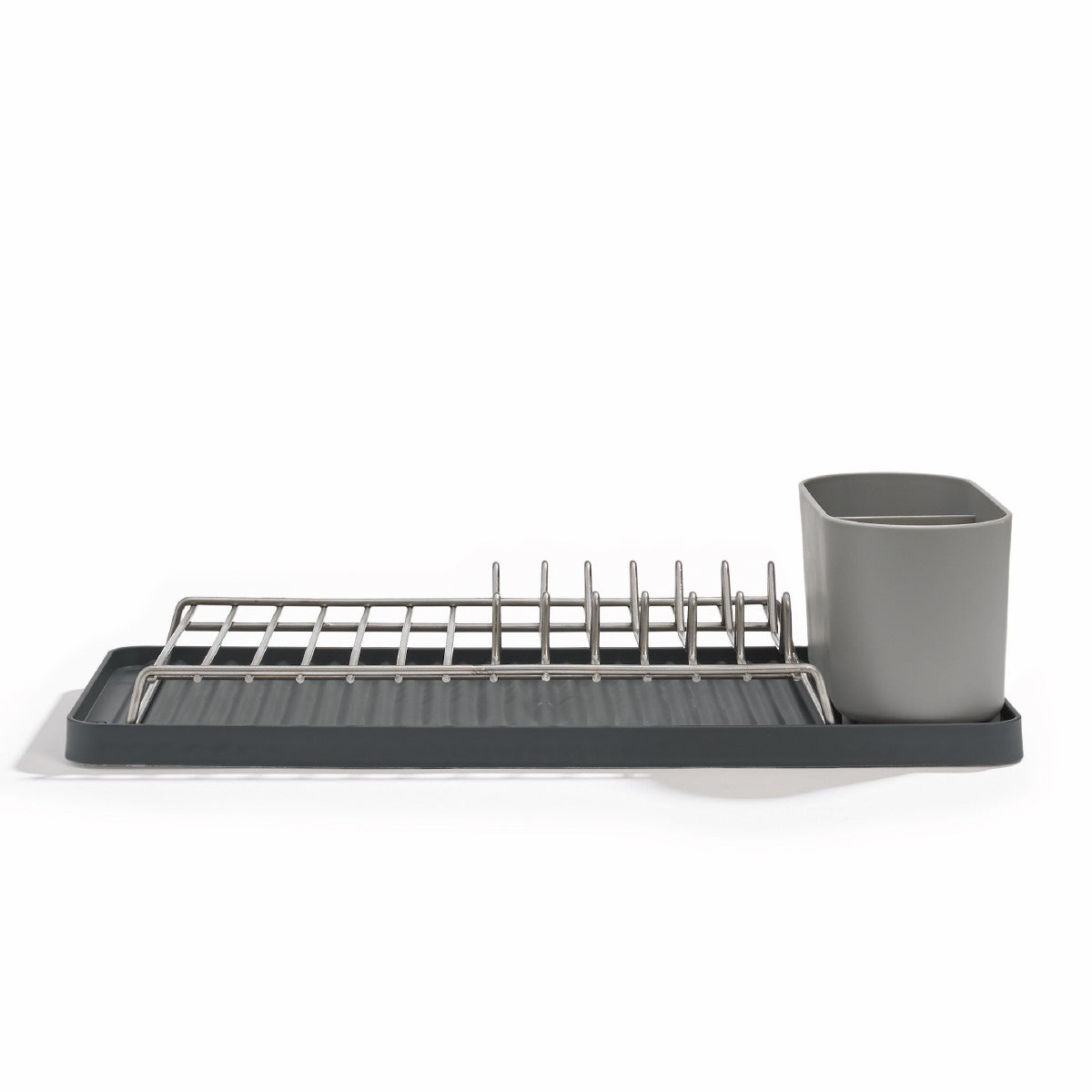 Compact recycled dish rack with sleek metal frame, efficient drainage, and space-saving design.