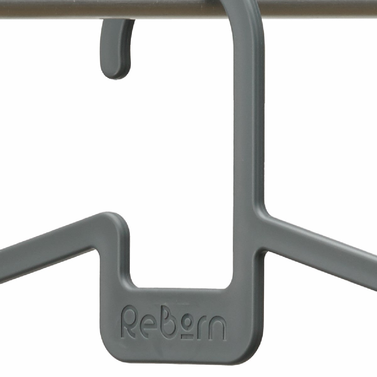 Durable grey ReBorn hanger, modern design, sustainable materials—keeps clothes secure and eco-friendly.