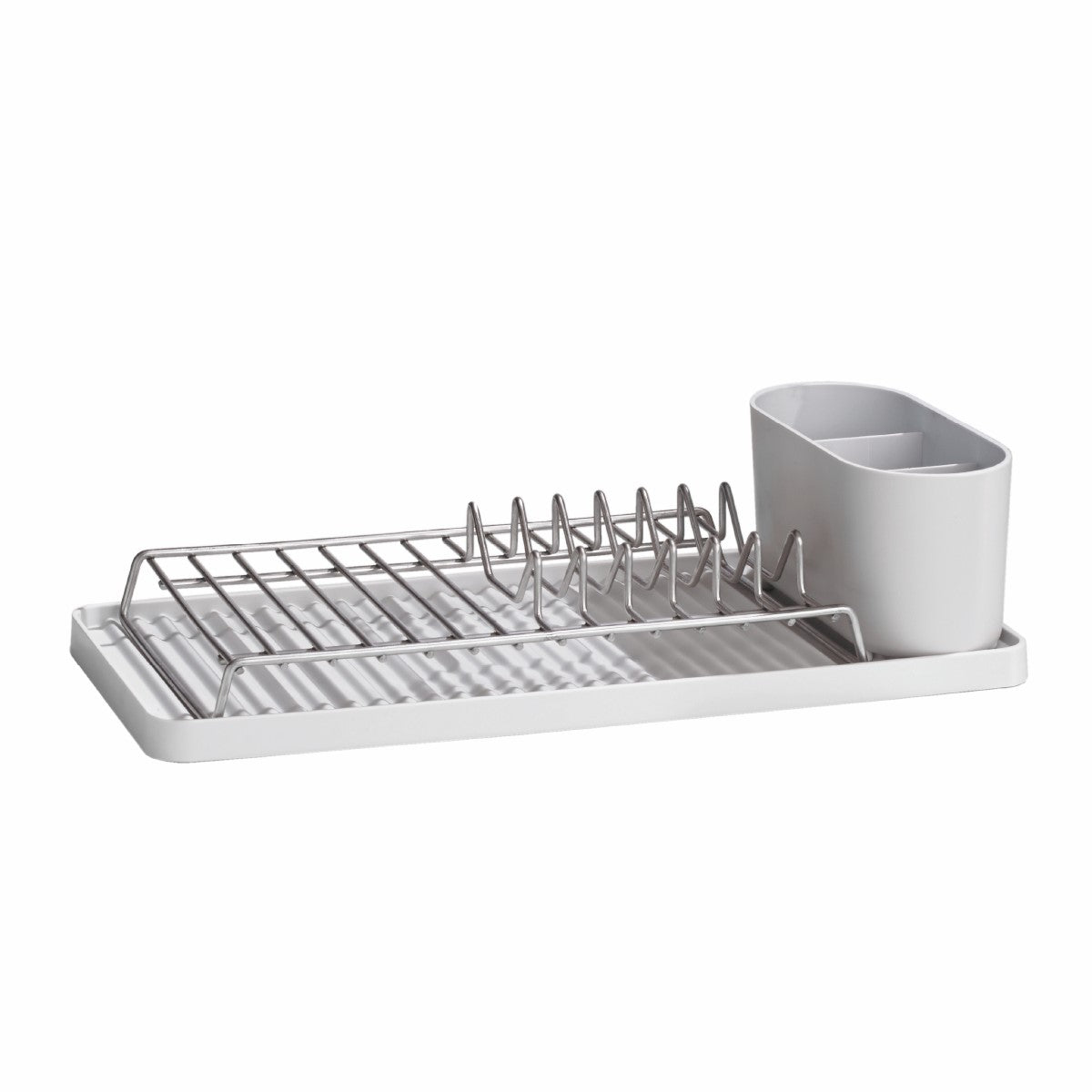 Compact recycled dish drying rack with drip-catching base and utensil holder for organized kitchens.