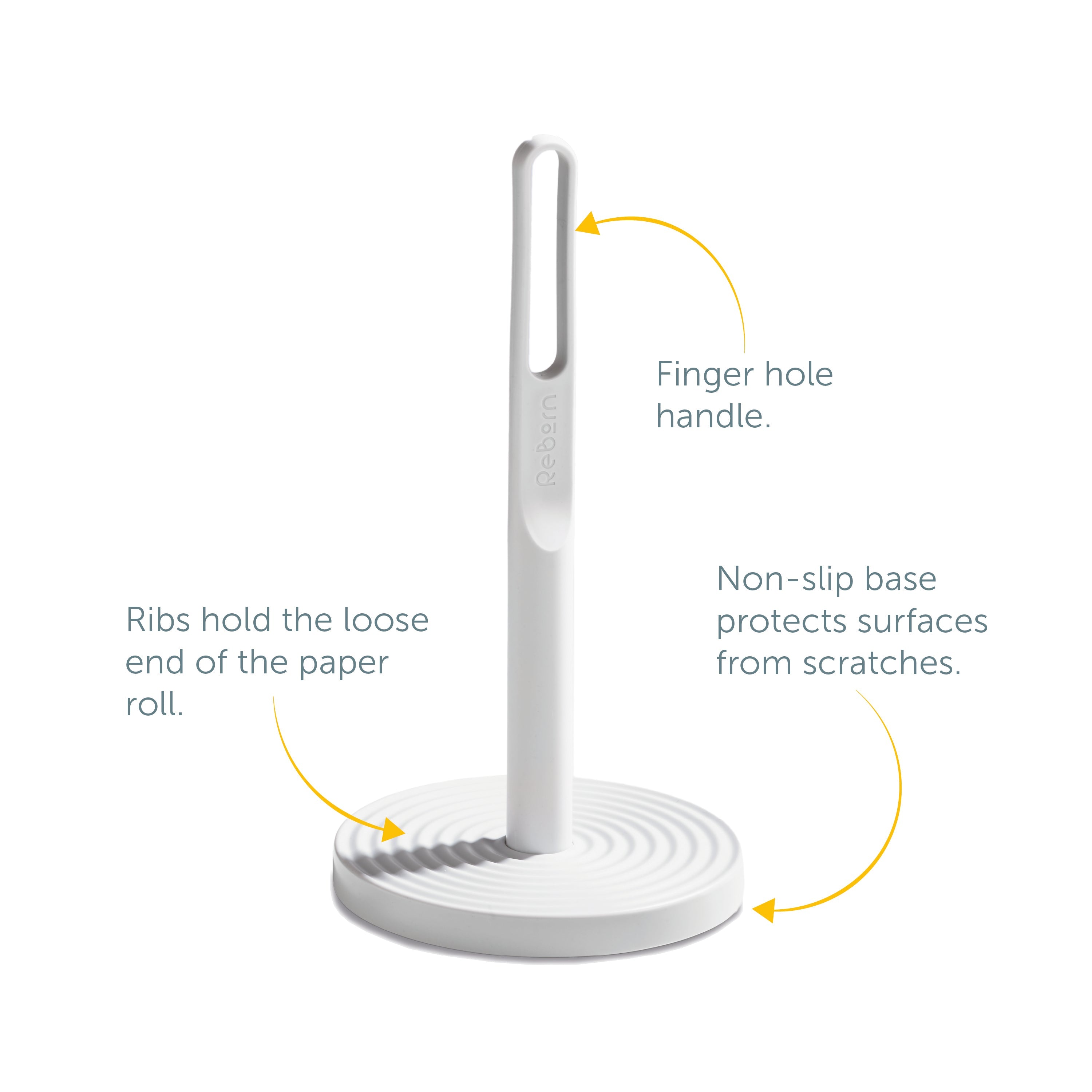 Recycled kitchen roll holder with non-slip base, easy-carry handle, and ribbed design to keep rolls in place.