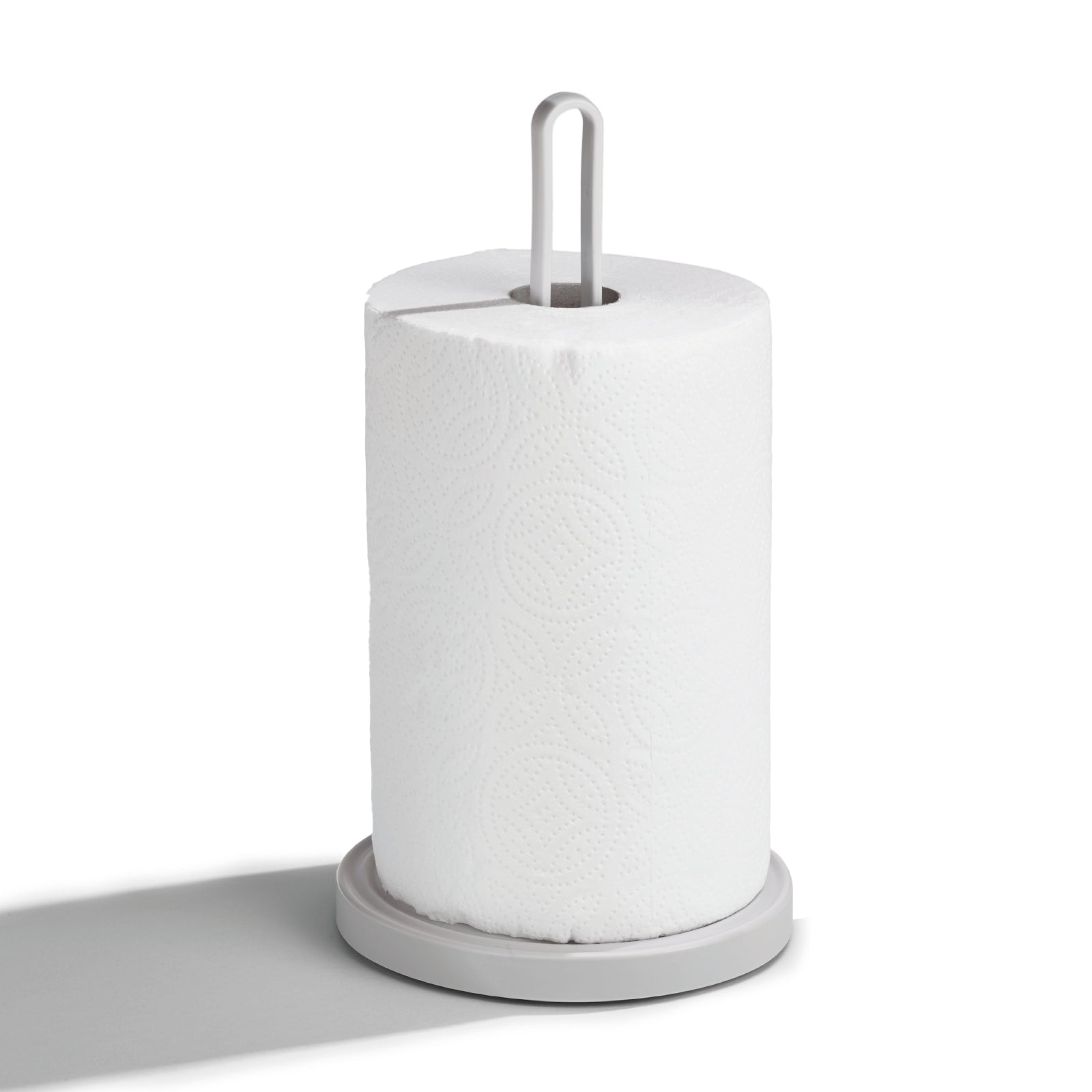 Eco-friendly kitchen roll holder with a minimalist design, recycled materials, and easy-carry handle.