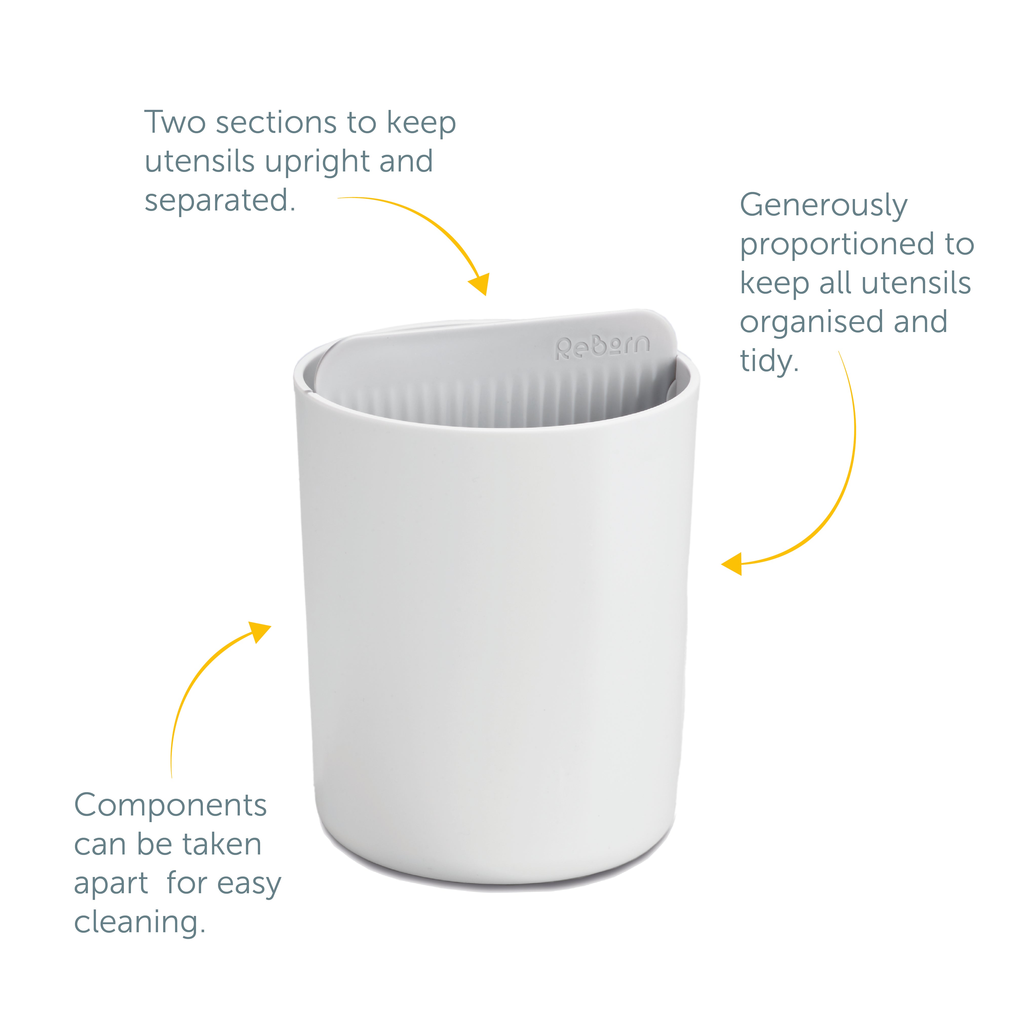 Eco-friendly recycled utensil holder with two sections for organized storage and easy cleaning.