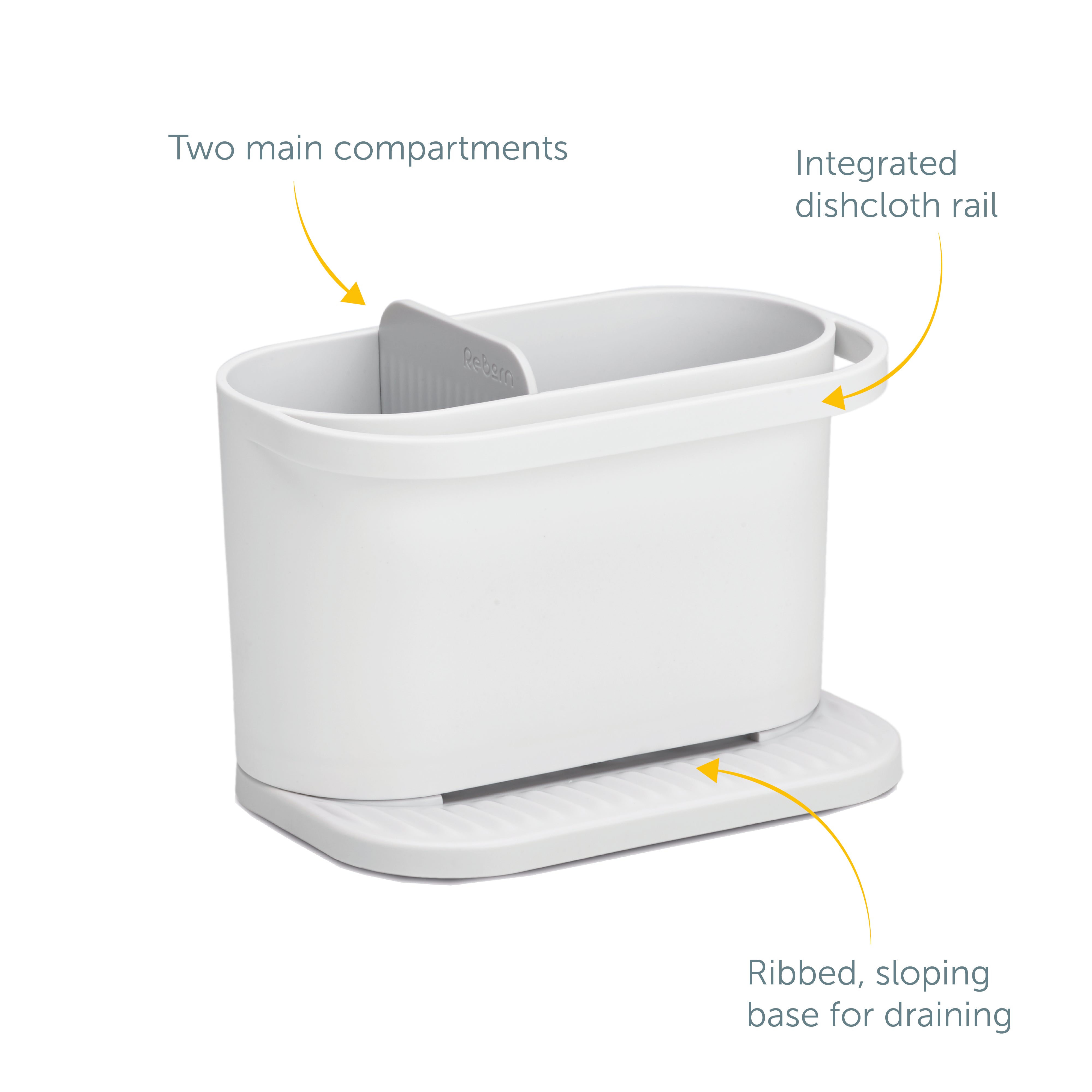 Recycled kitchen sink tidy with two compartments, dishcloth rail, and sloped base for easy draining.