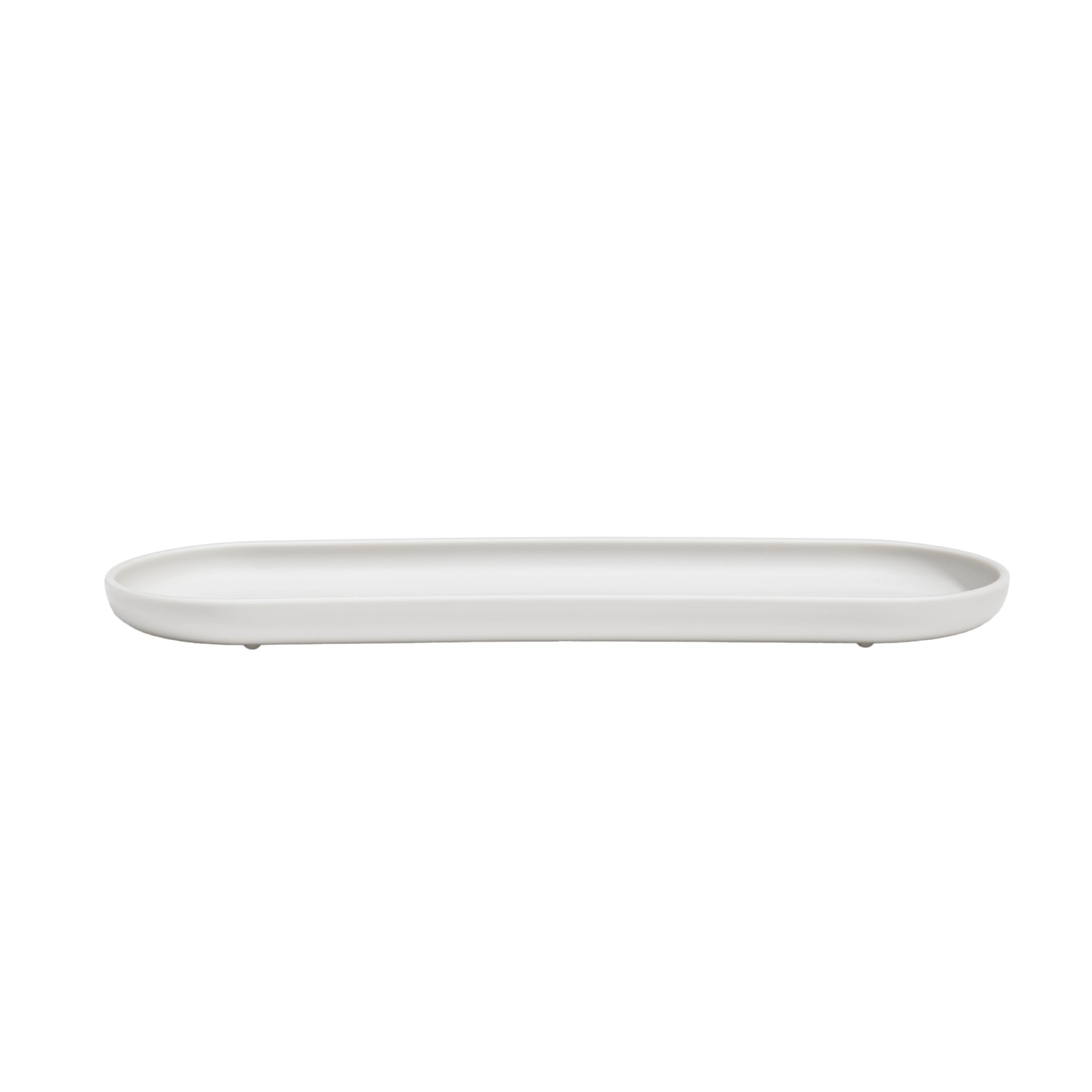 Minimalist white bathroom tray with raised edges, perfect for organizing toiletries neatly.