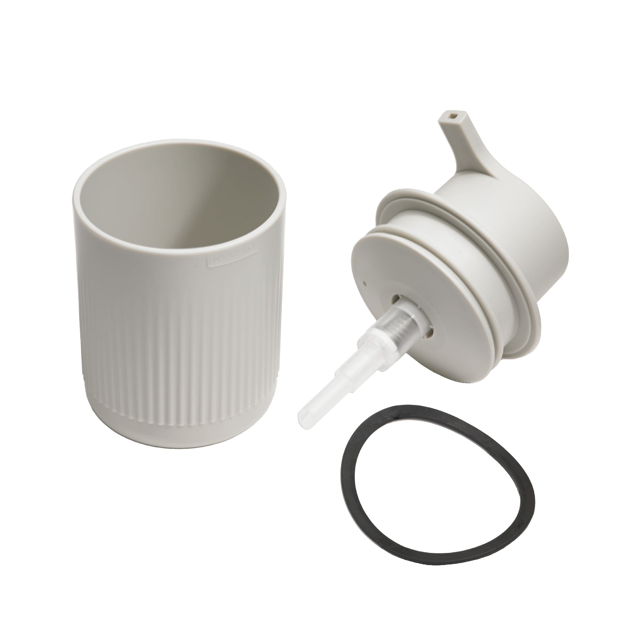 Minimalist ribbed soap dispenser with leak-proof seal, perfect for modern kitchens and bathrooms.