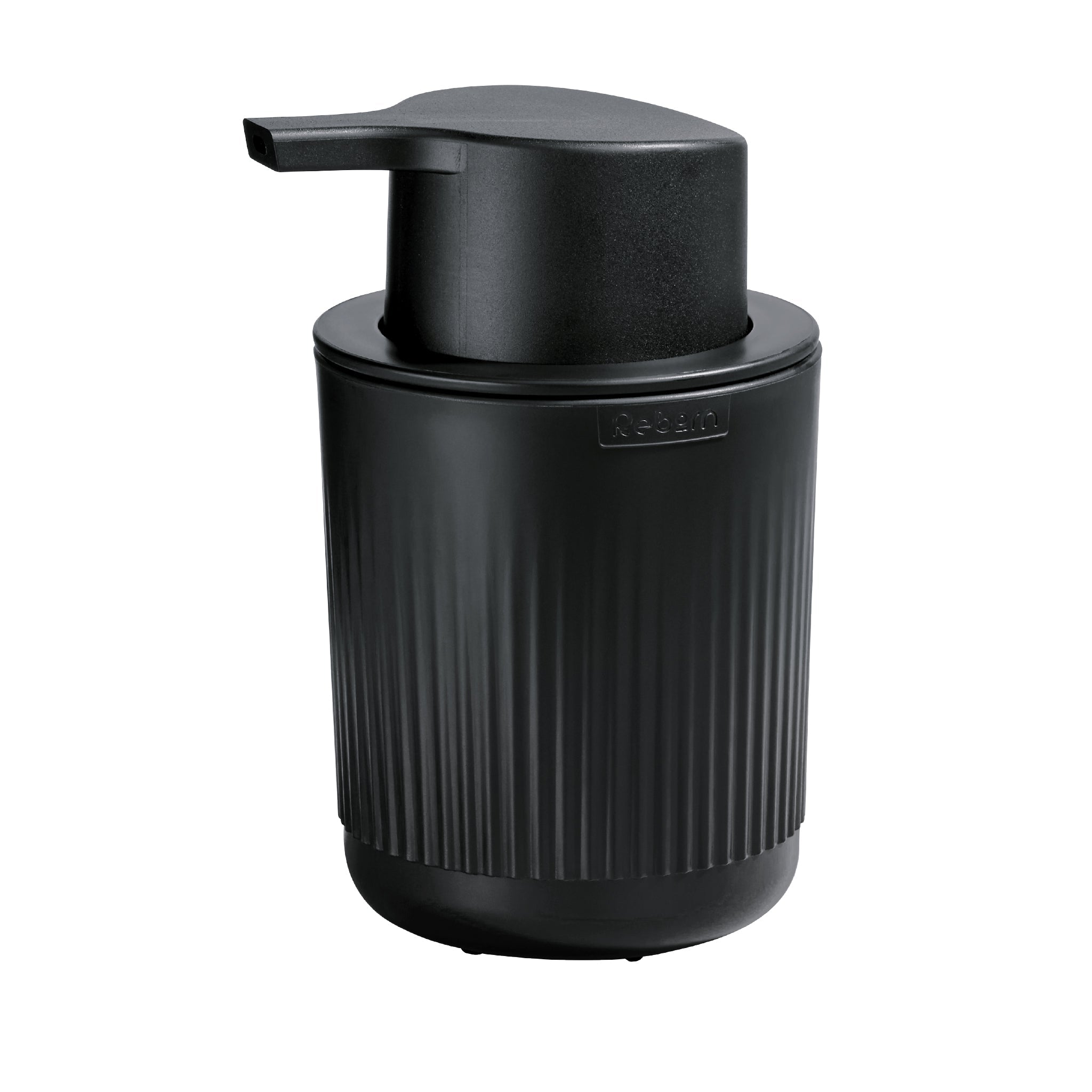 Sleek black soap dispenser with textured grooves, perfect for modern kitchens or bathrooms.