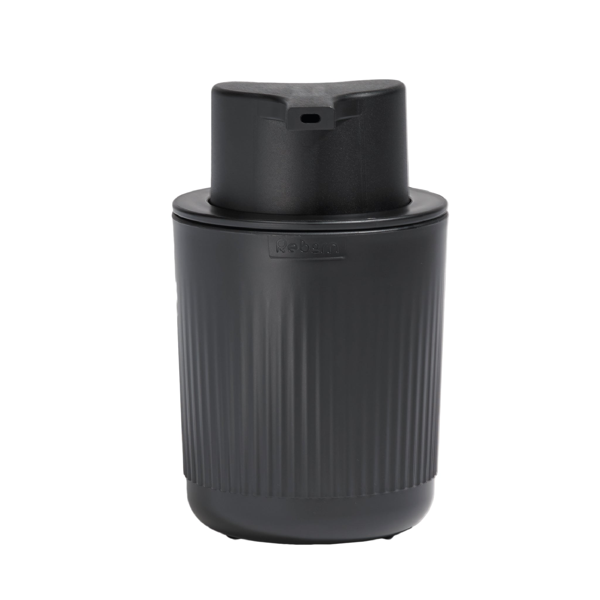 ReBorn dark soap dispenser with textured grip, modern design, and easy push-down pump.