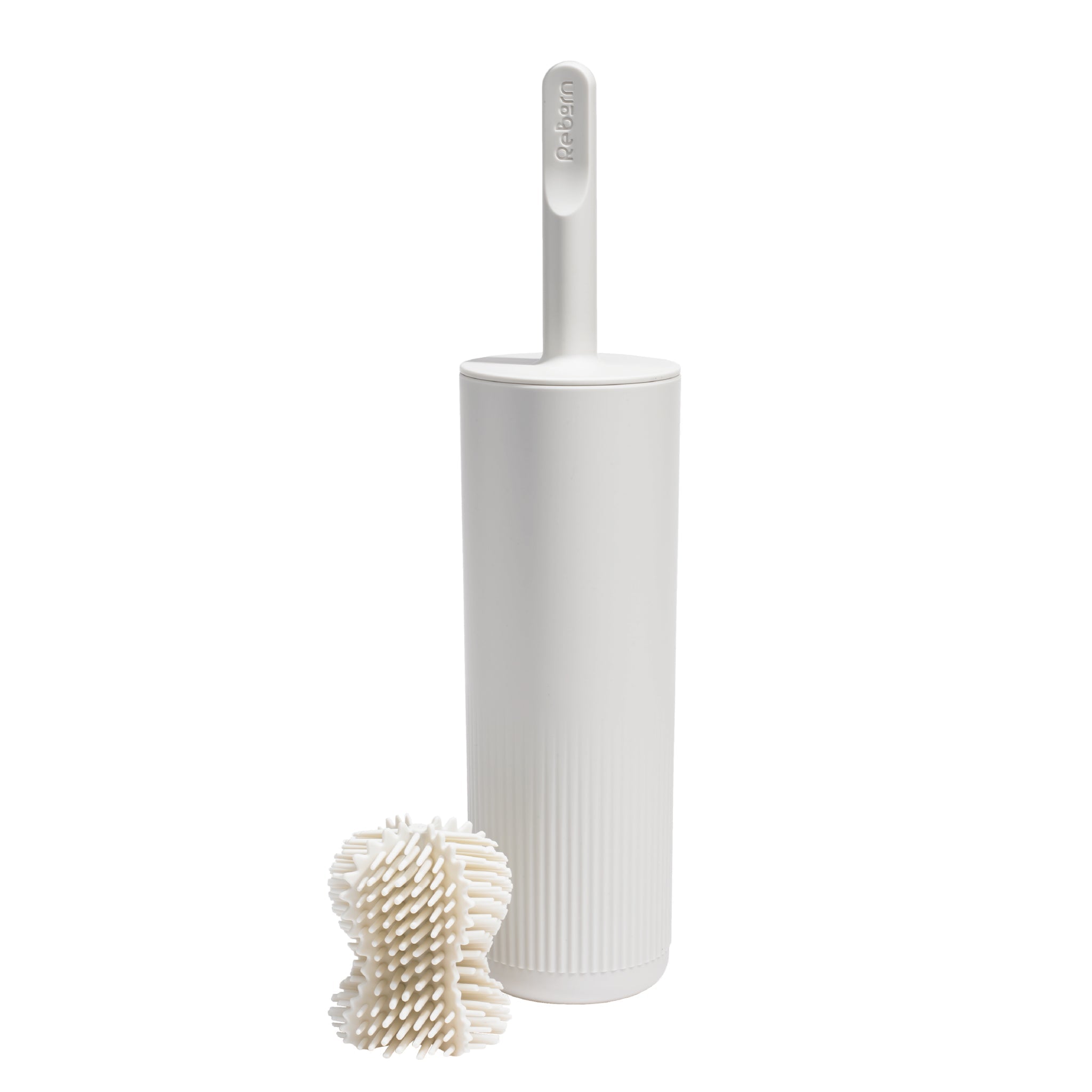 Slim ReBorn toilet brush with dense bristles for effective cleaning, stored in a sleek, minimalist container.