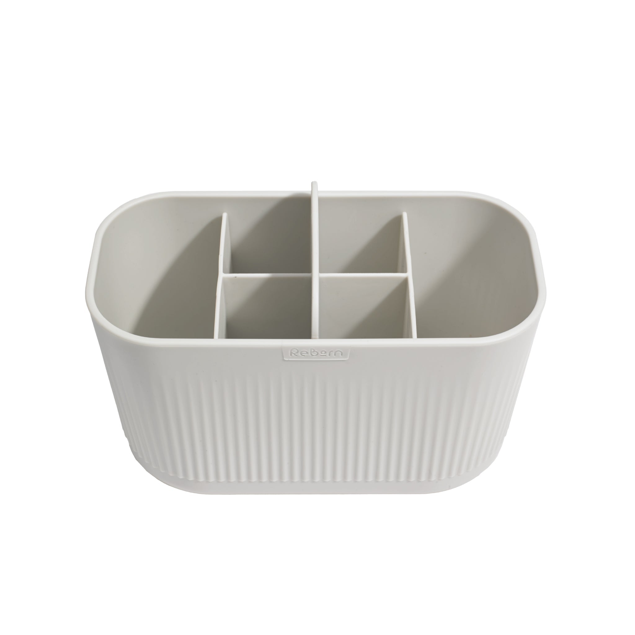 Large gray bathroom caddy with multiple compartments for neat, modern, and clutter-free storage.