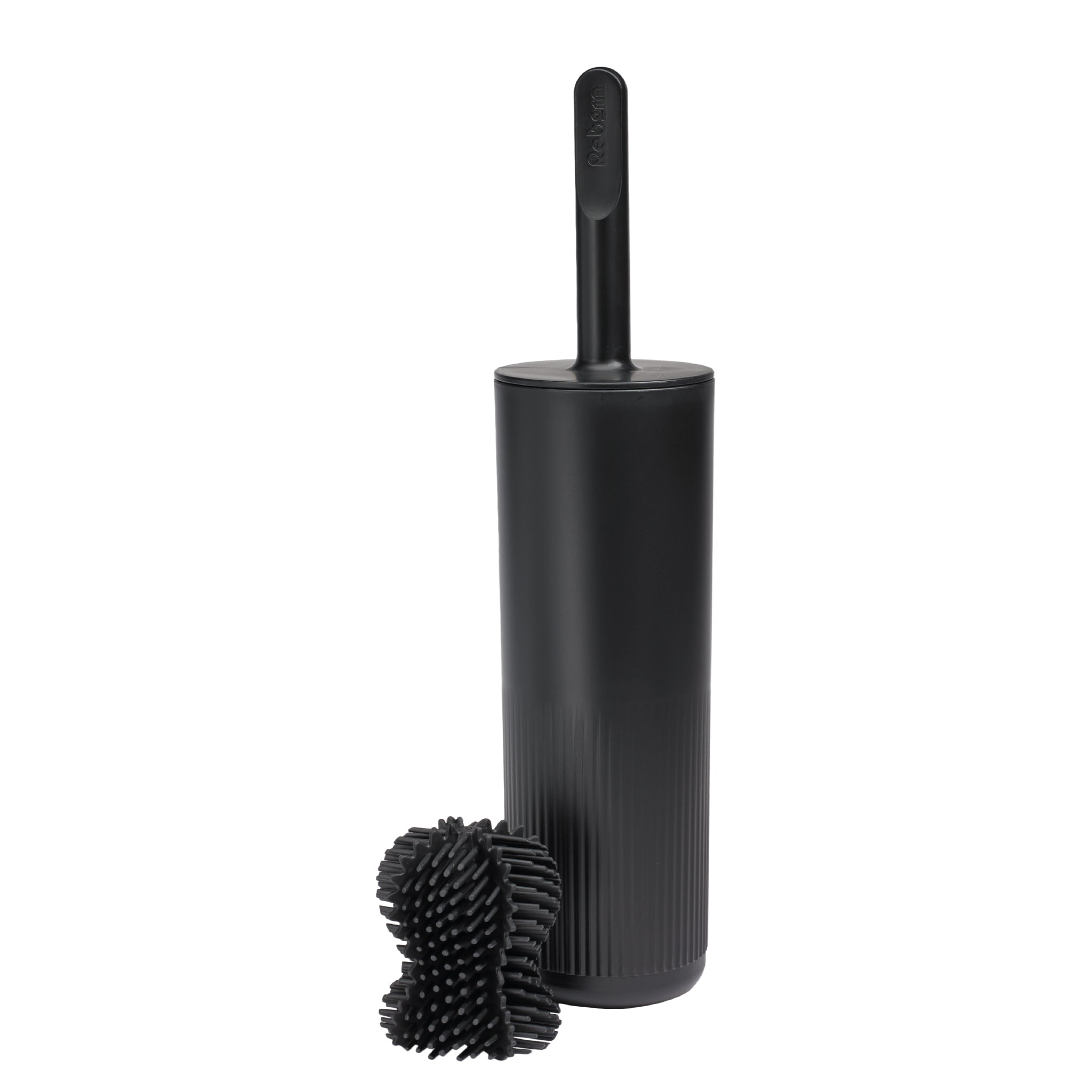 ReBorn black toilet brush with flexible bristles for deep cleaning and a sleek, hygienic holder.