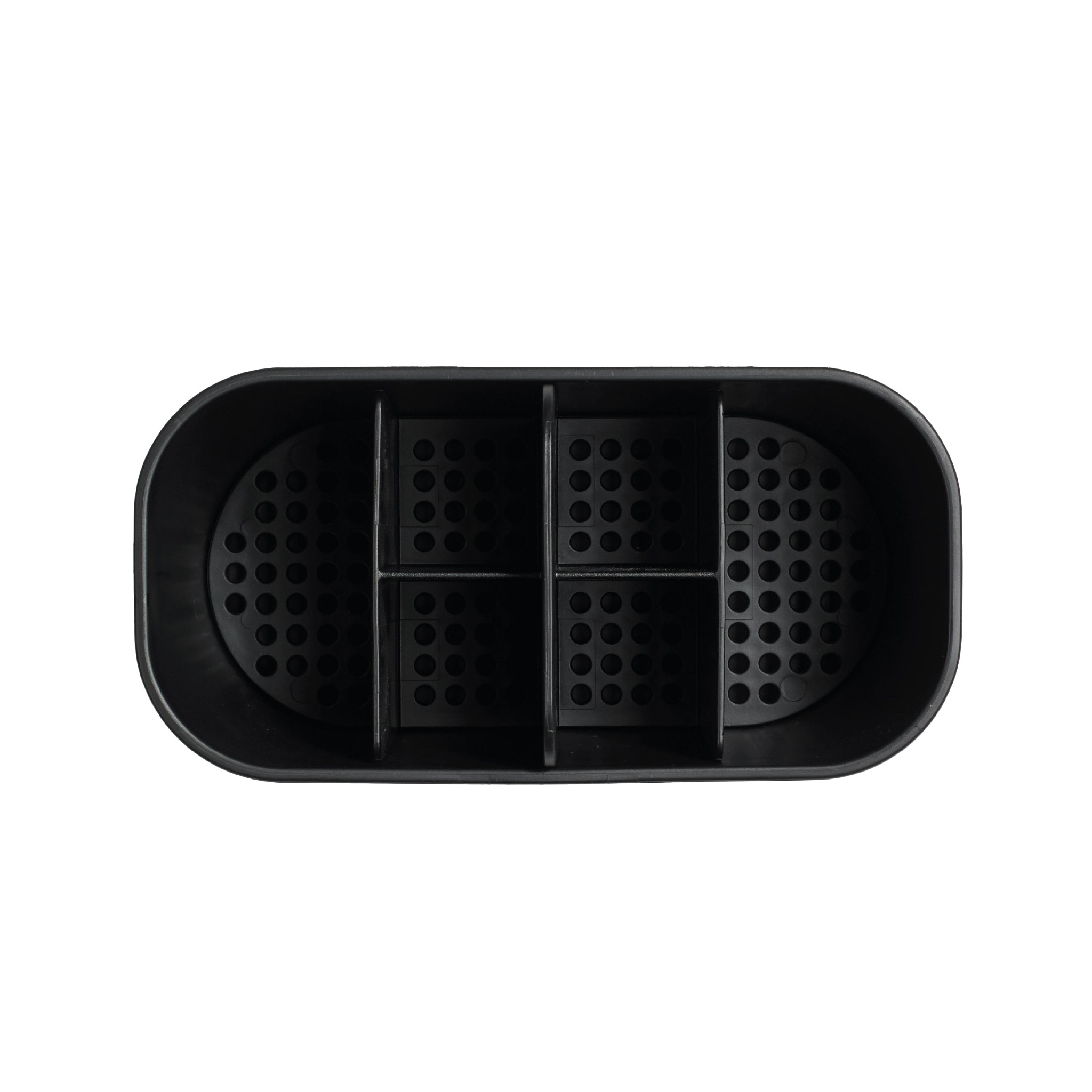 Black oval bathroom caddy with multiple compartments and drainage holes for clutter-free organization.