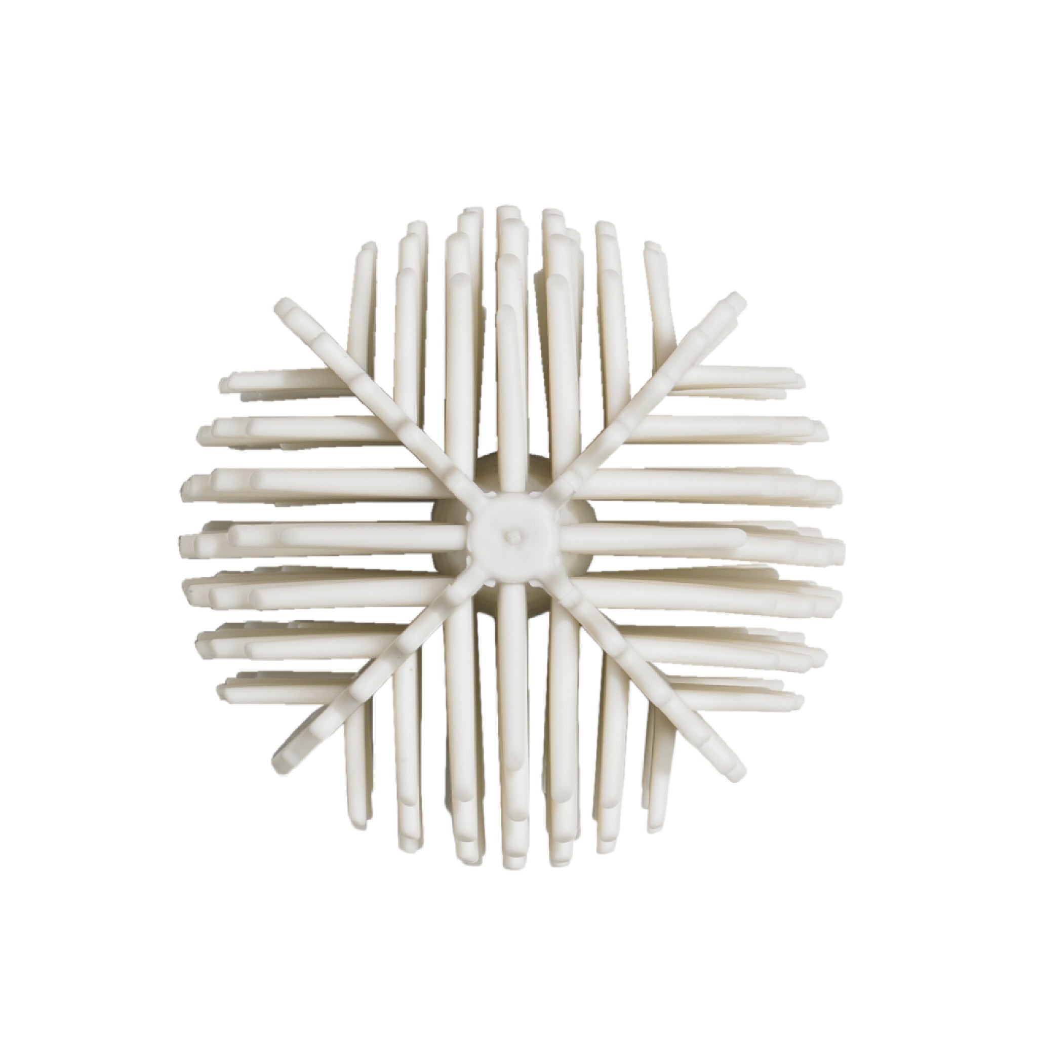 Durable spherical toilet brush head with densely packed bristles for thorough, 360-degree cleaning.