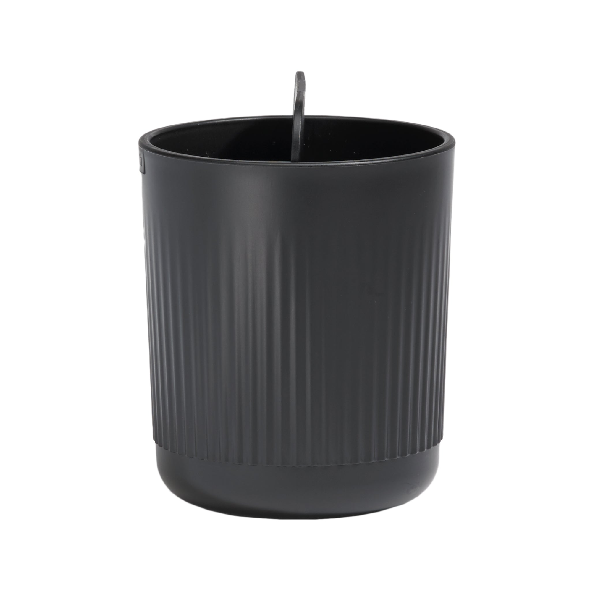 Sleek, ridged toothbrush holder with built-in handle for easy mounting or carrying.