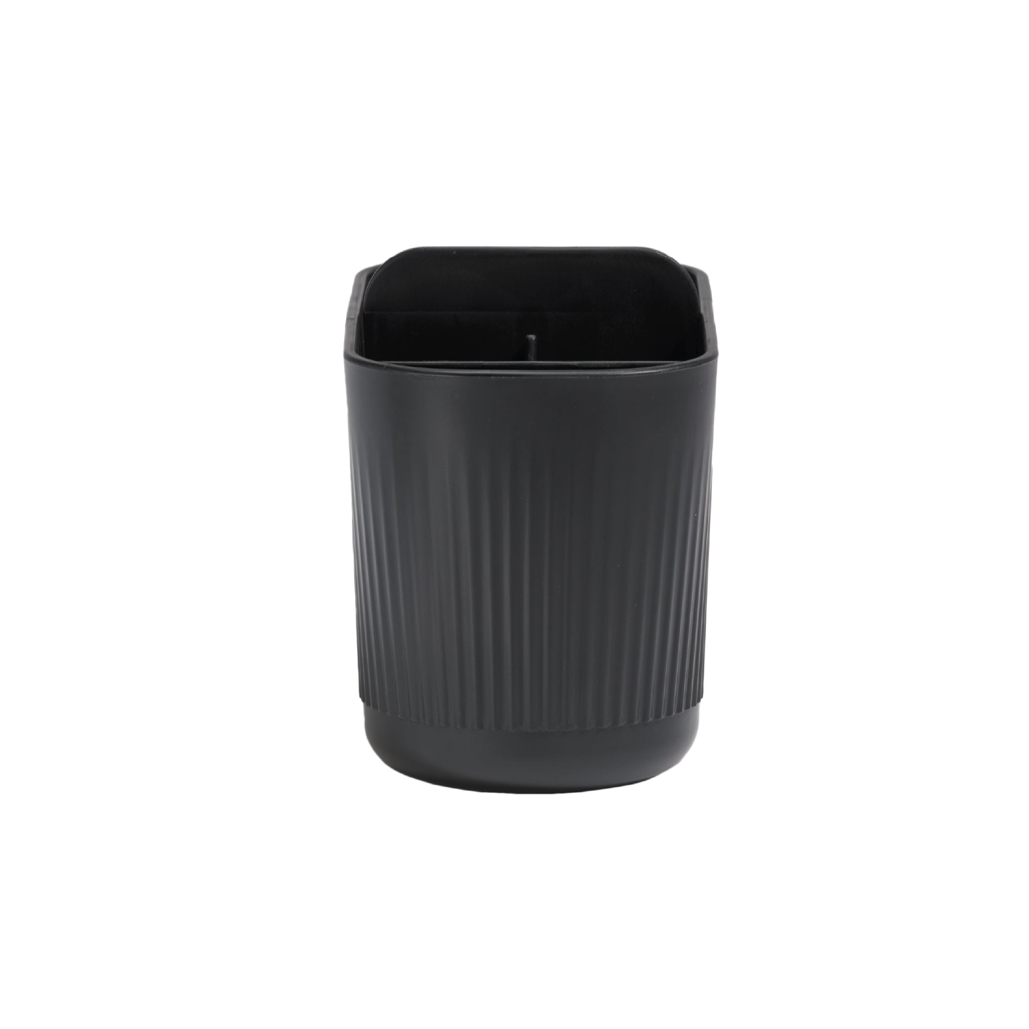 Black square bathroom caddy with sleek ridged design, perfect for organizing toiletries and essentials.