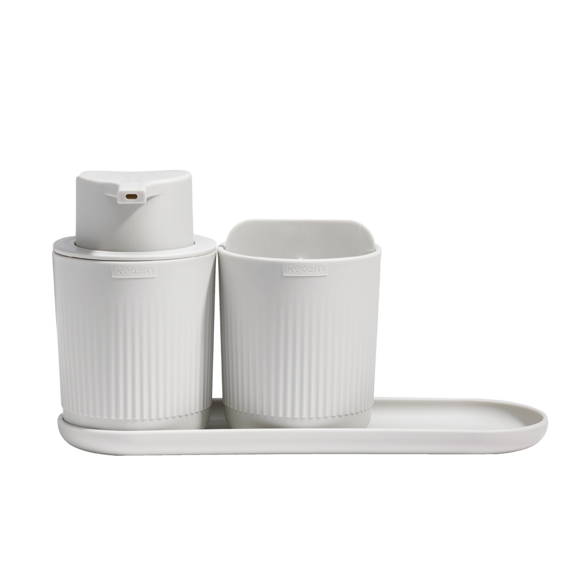 Minimalist ribbed bathroom set with soap dispenser, holder, and tray—elevates any modern space.