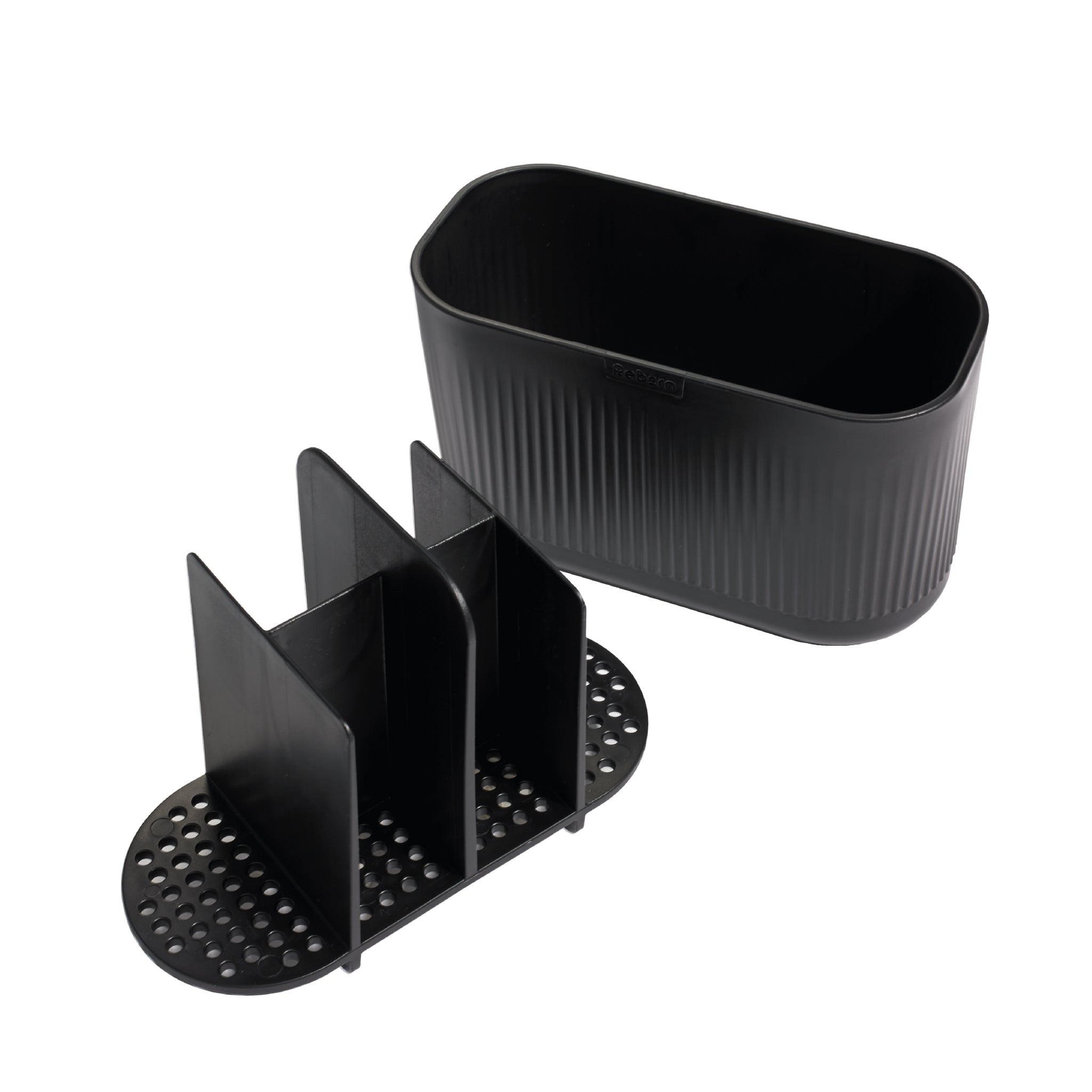 Black ReBorn bathroom caddy with divider, textured grip, and drainage base for tidy essentials.