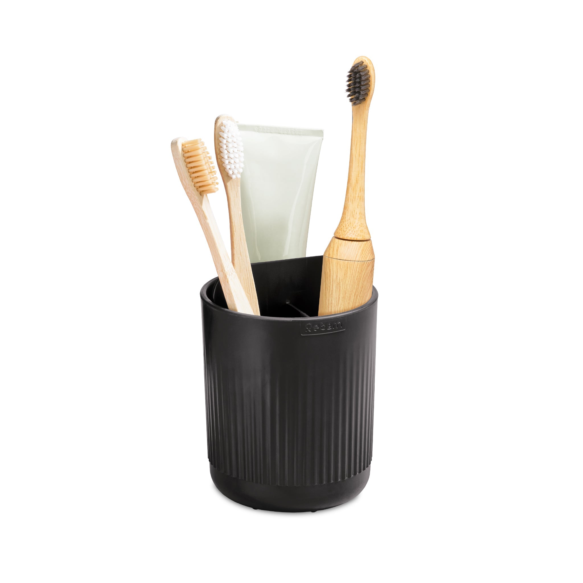 Black ridged toothbrush holder by ReBorn, stylish and modern, keeps brushes organized neatly.