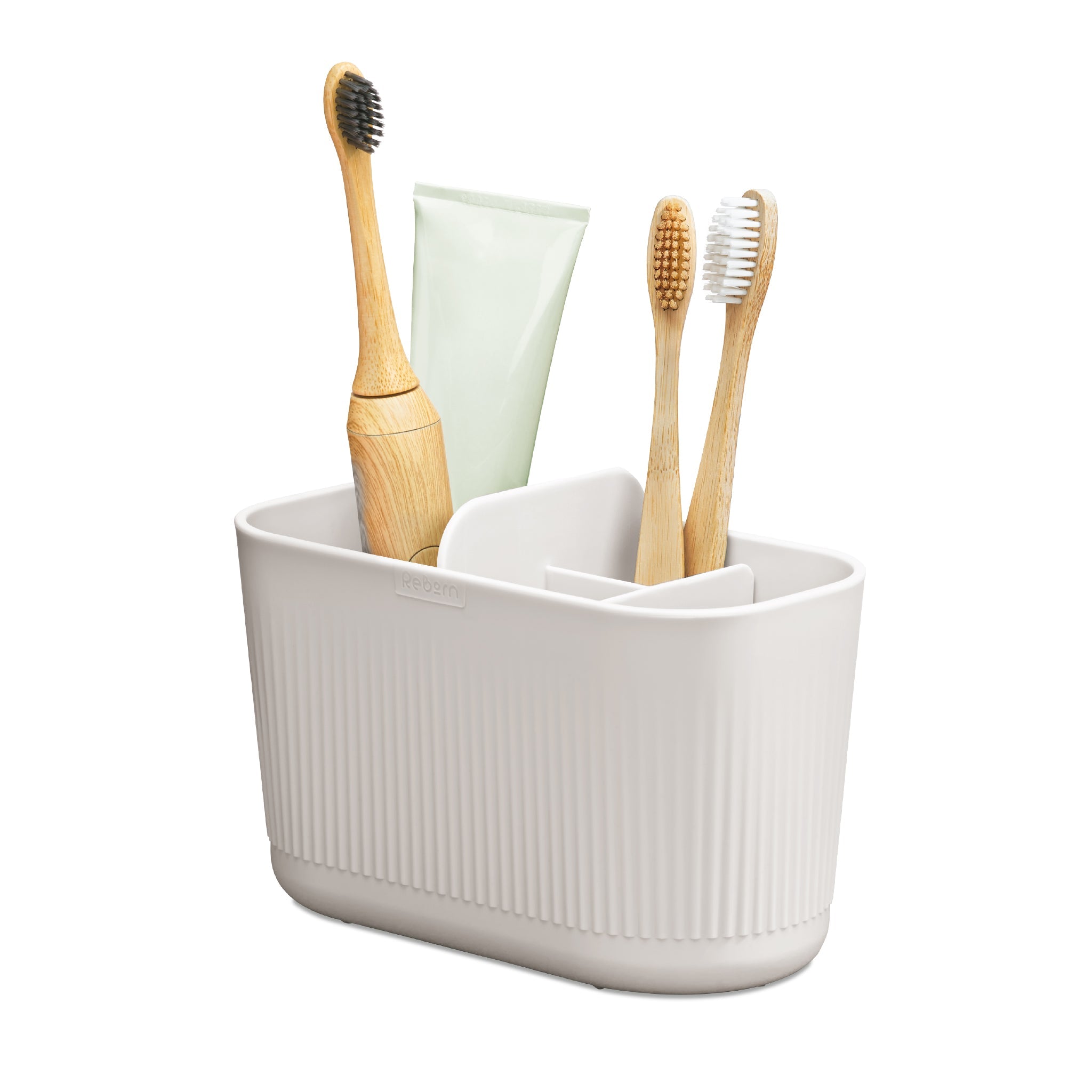ReBorn Large Bathroom Caddy – sleek, ribbed organizer for toothbrushes, toothpaste, and essentials.