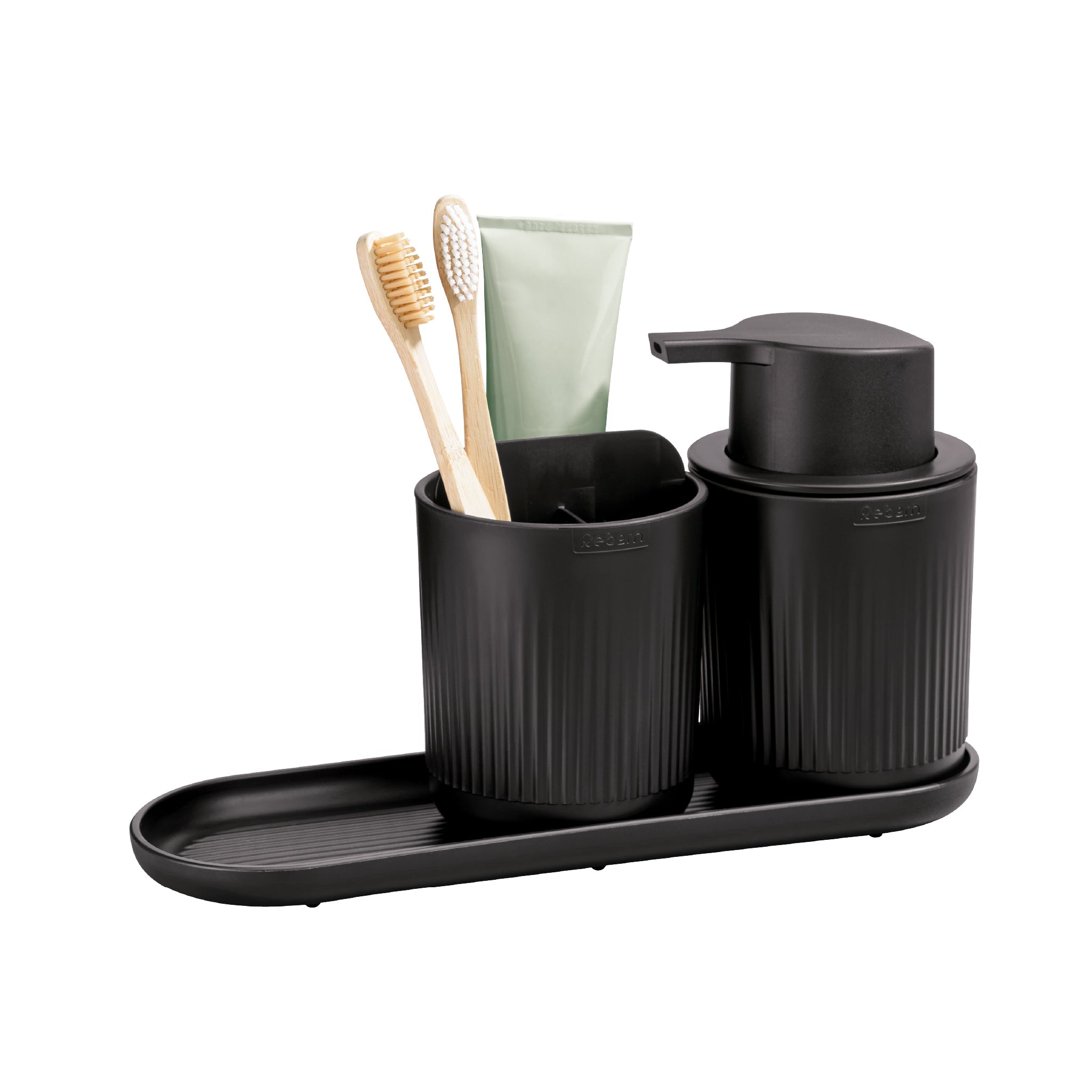Sleek black bathroom set with ridged design, includes soap dispenser, toothbrush holder & tray.