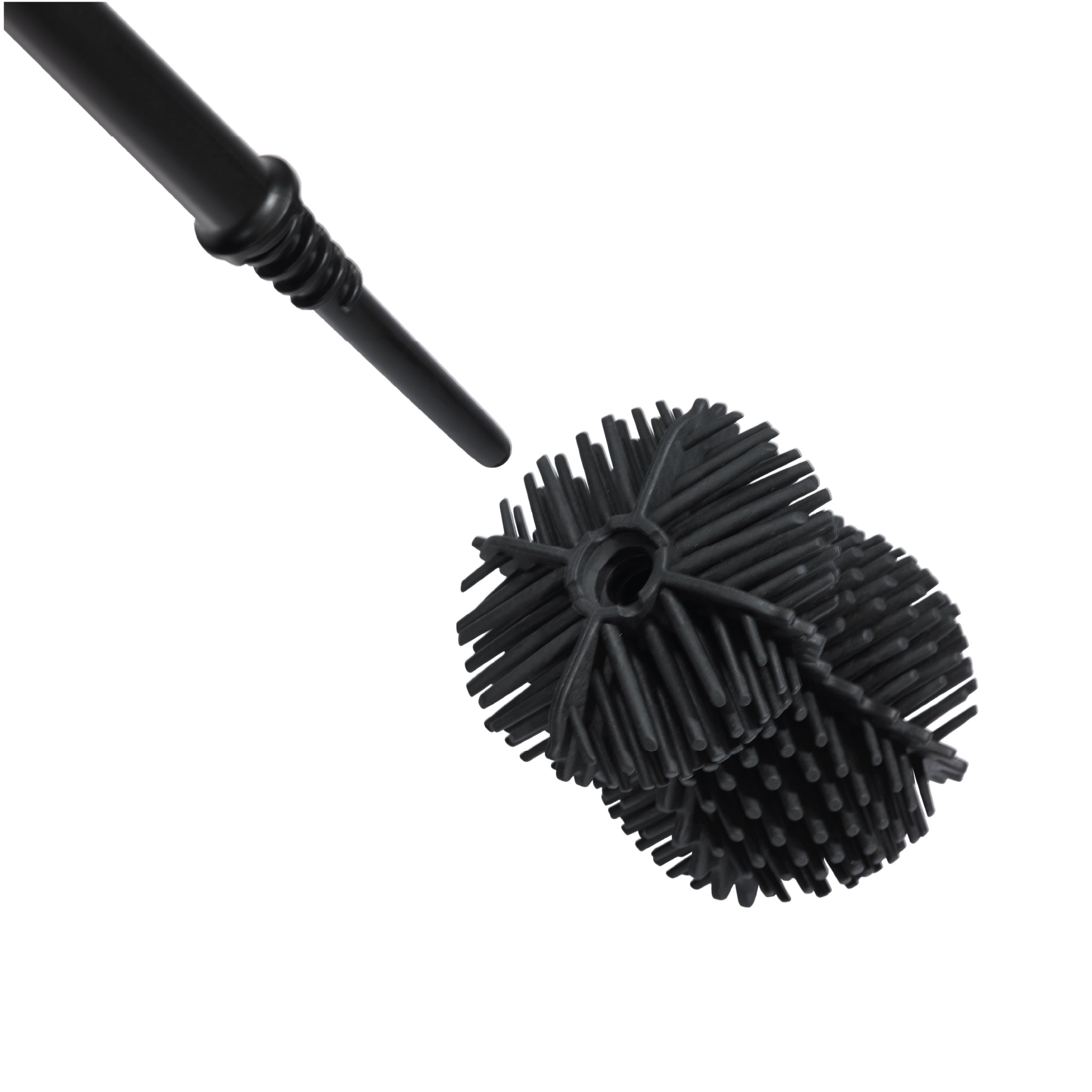 Durable black toilet brush head with dense spiral bristles for effective, deep cleaning.