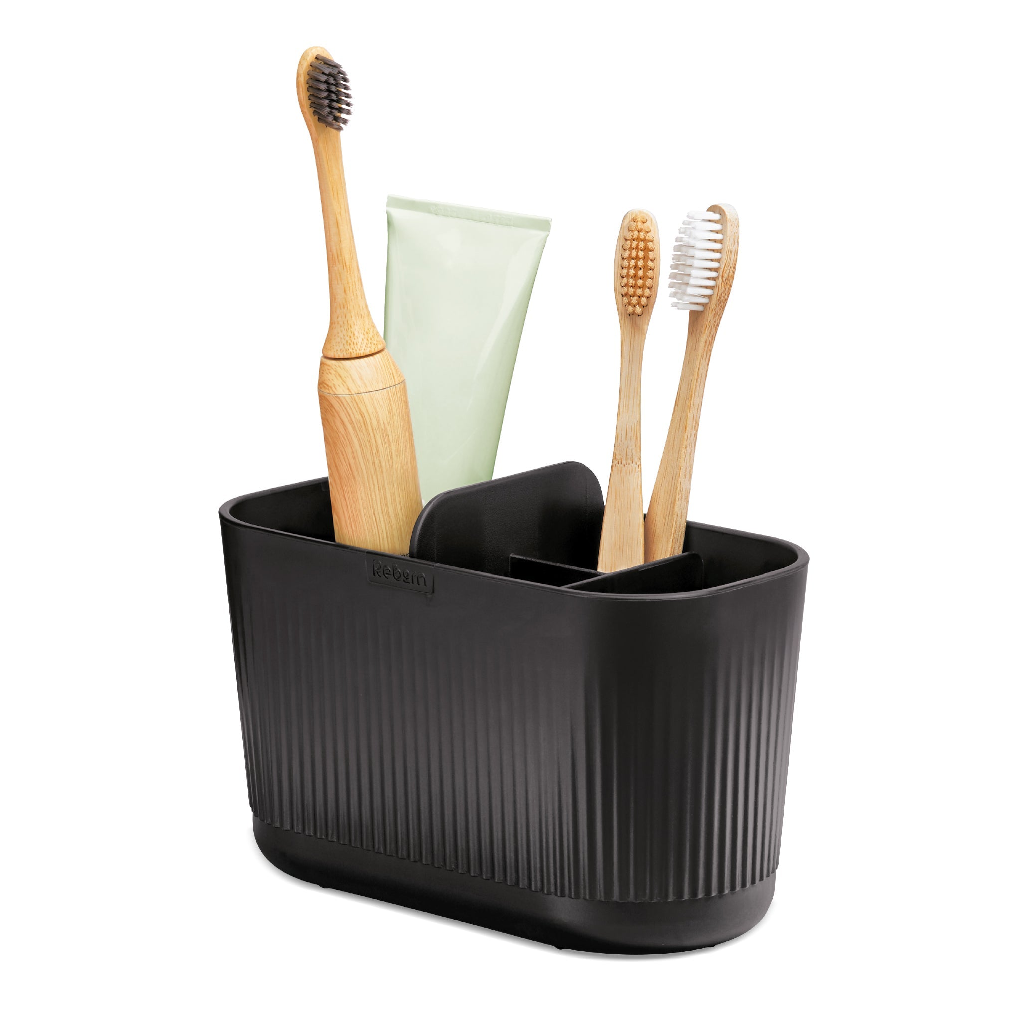 Black ReBorn bathroom caddy with vertical grooves, spacious design keeps essentials neatly organized.