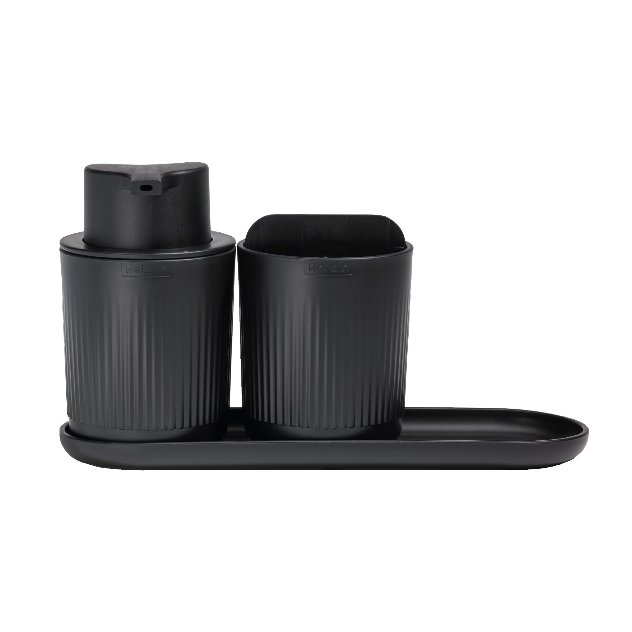 ReBorn black bathroom set with ridged design, includes soap dispenser and open container for essentials.
