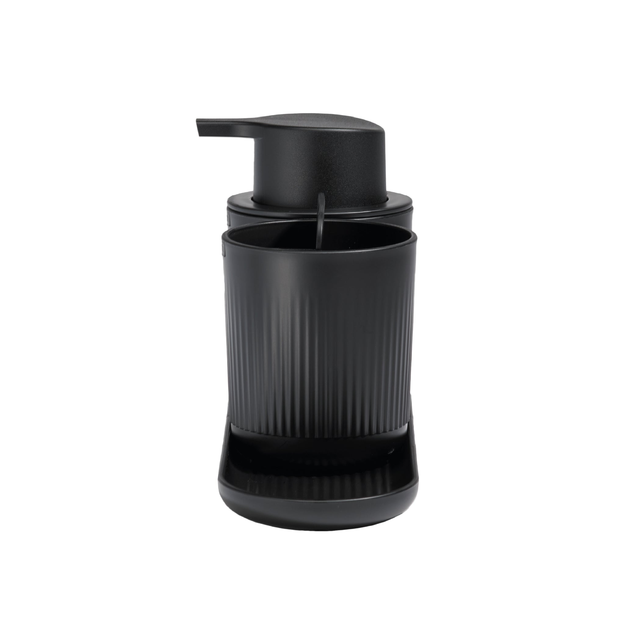 ReBorn black bathroom set with ribbed texture, includes dispenser, holder, and tray for modern organization.