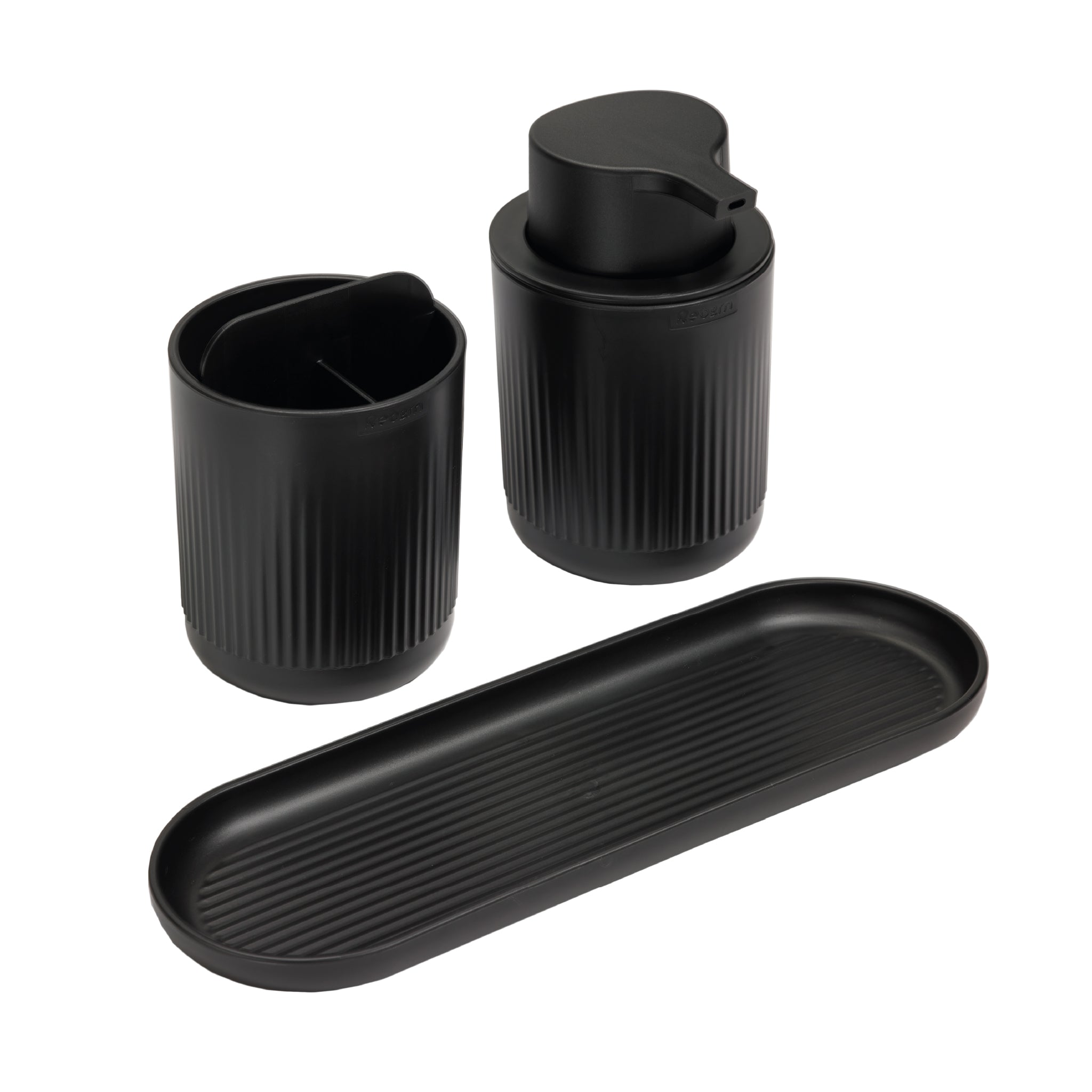 Sleek black bathroom set with ribbed texture—includes soap dispenser, toothbrush holder, and tray for a modern, organized space.