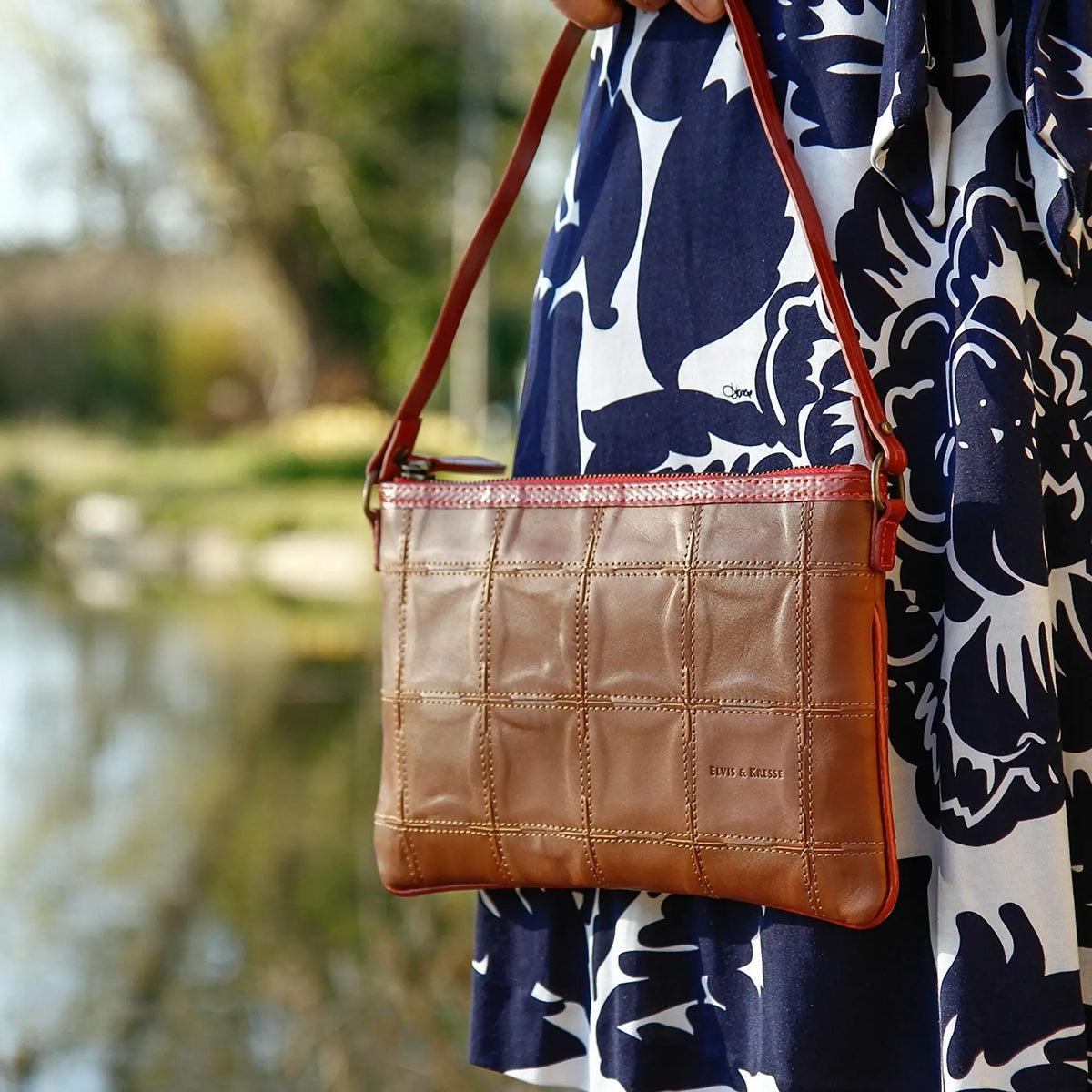 Elvis & Kresse leather and fire-hose clutch bag, lifestyle