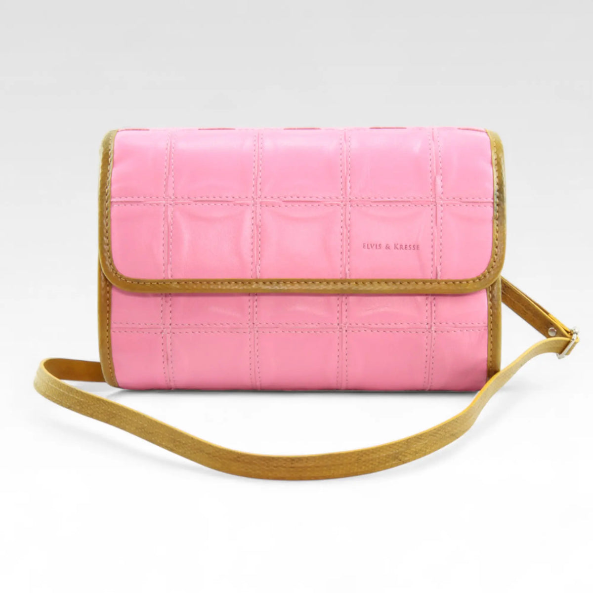 Elvis & Kresse crossbody bag in bubblegum pink rescued leather with fire-hose