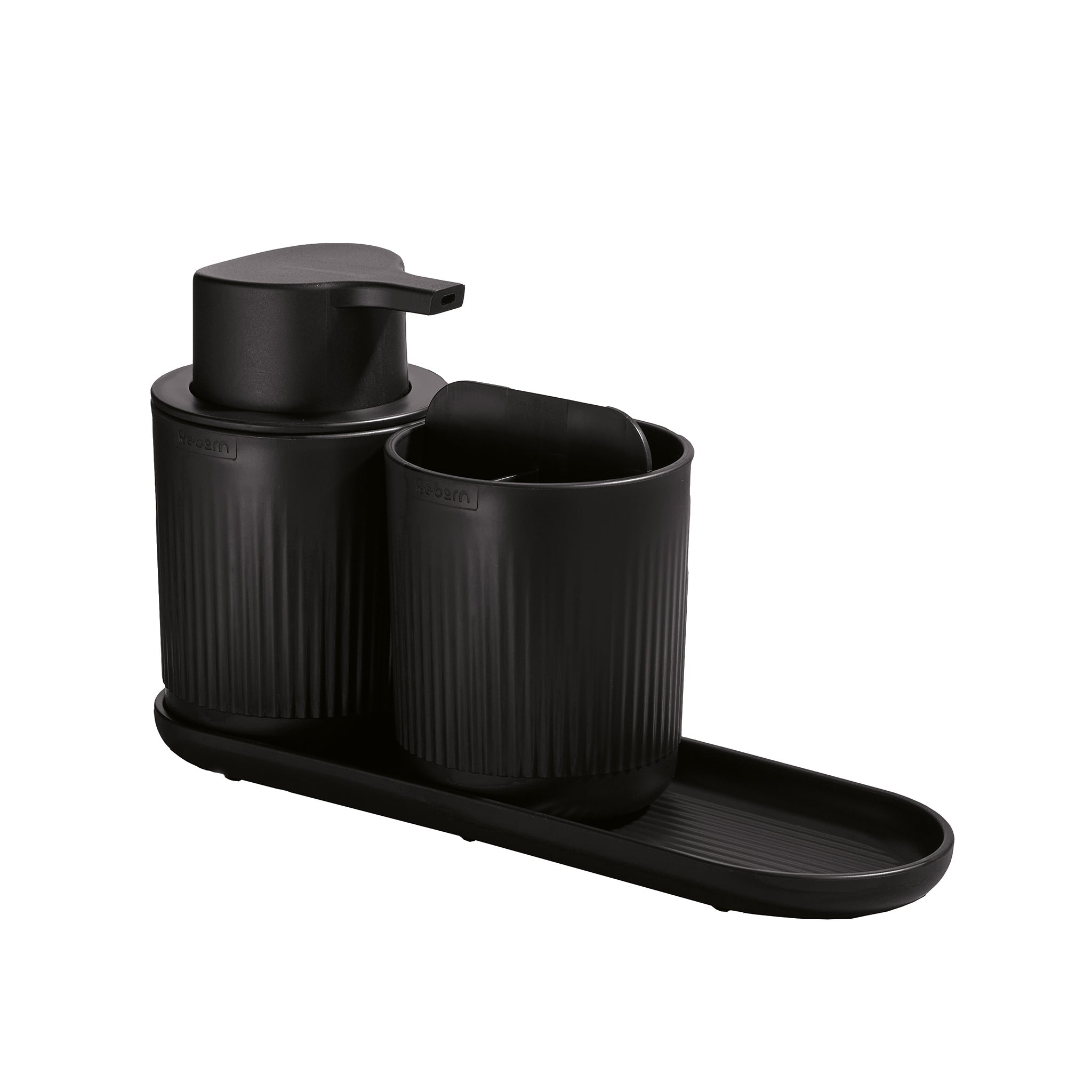Black bathroom set with soap dispenser, toothbrush holder, and tray—modern design with textured ridges.