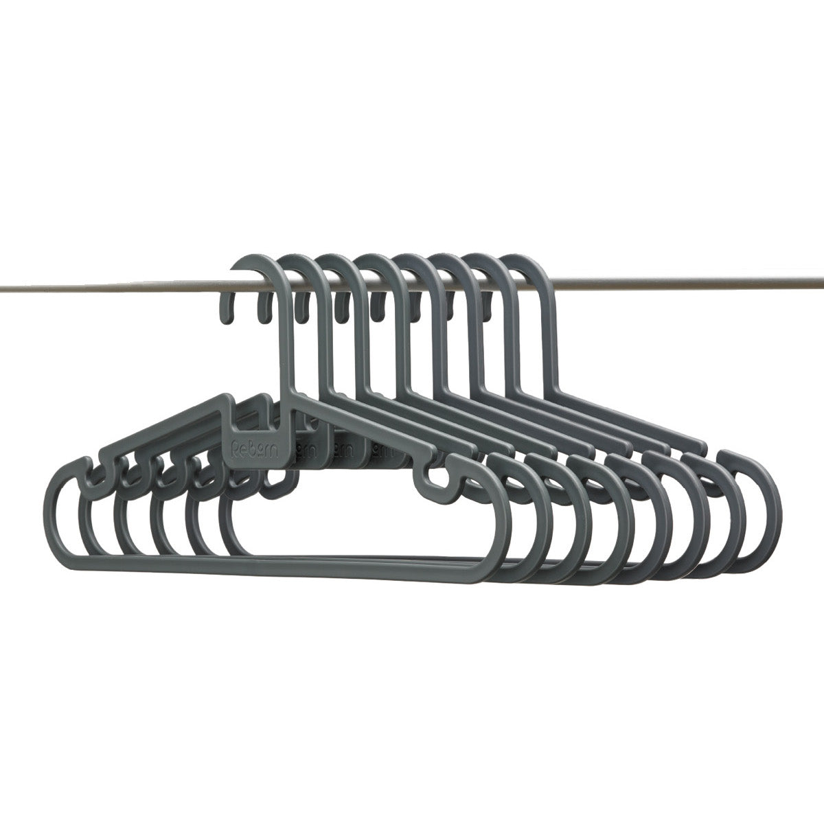 Durable ReBorn hangers (set of 8) with shoulder notches for secure, slip-free clothing storage.