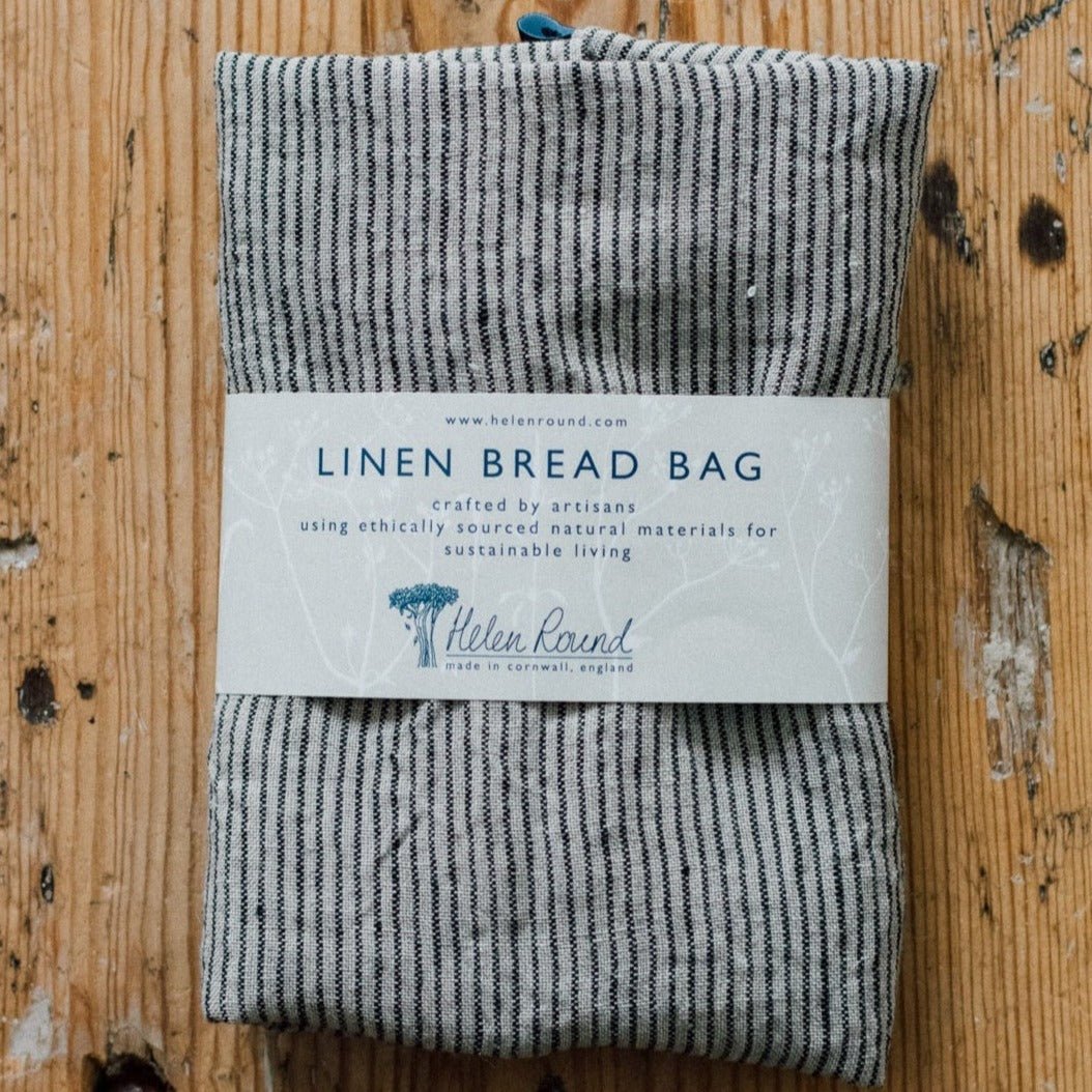Natural Linen Bread Bag with navy stripe in packaging