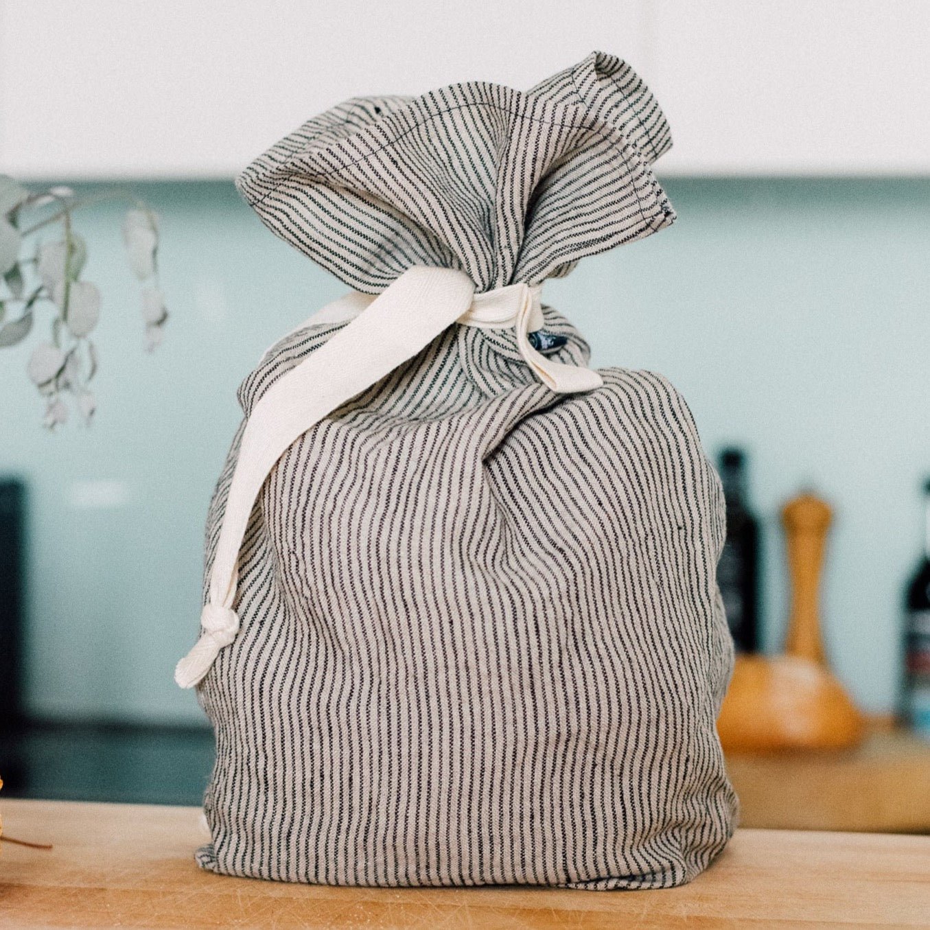 Natural Linen Bread Bag with Navy/Natural stripe and tie
