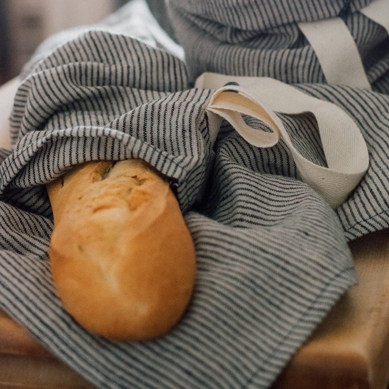 Navy and Natural Stripe Linen Baguette Bag with tie