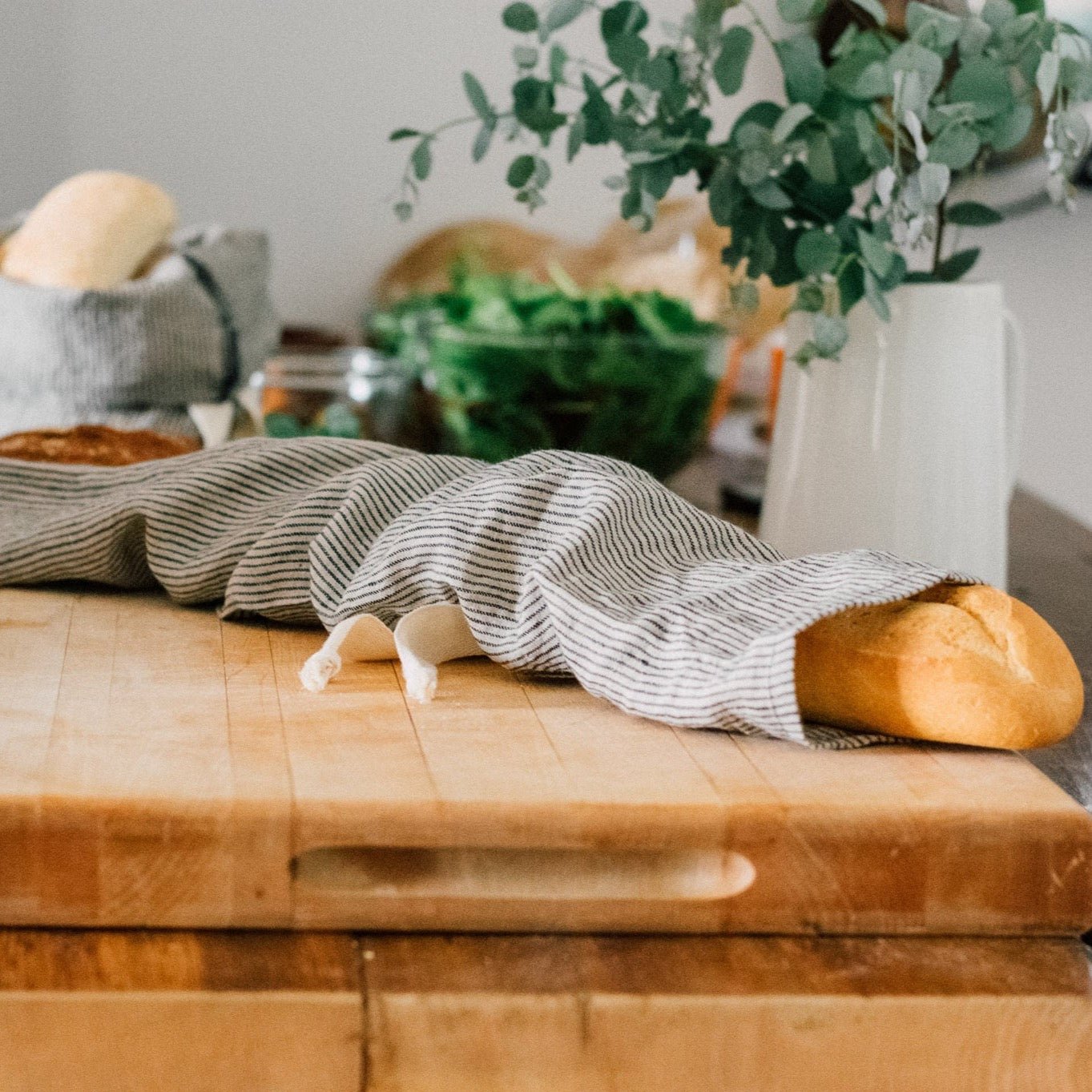Natural Linen Baguette Bag with Navy/Natural Stripe