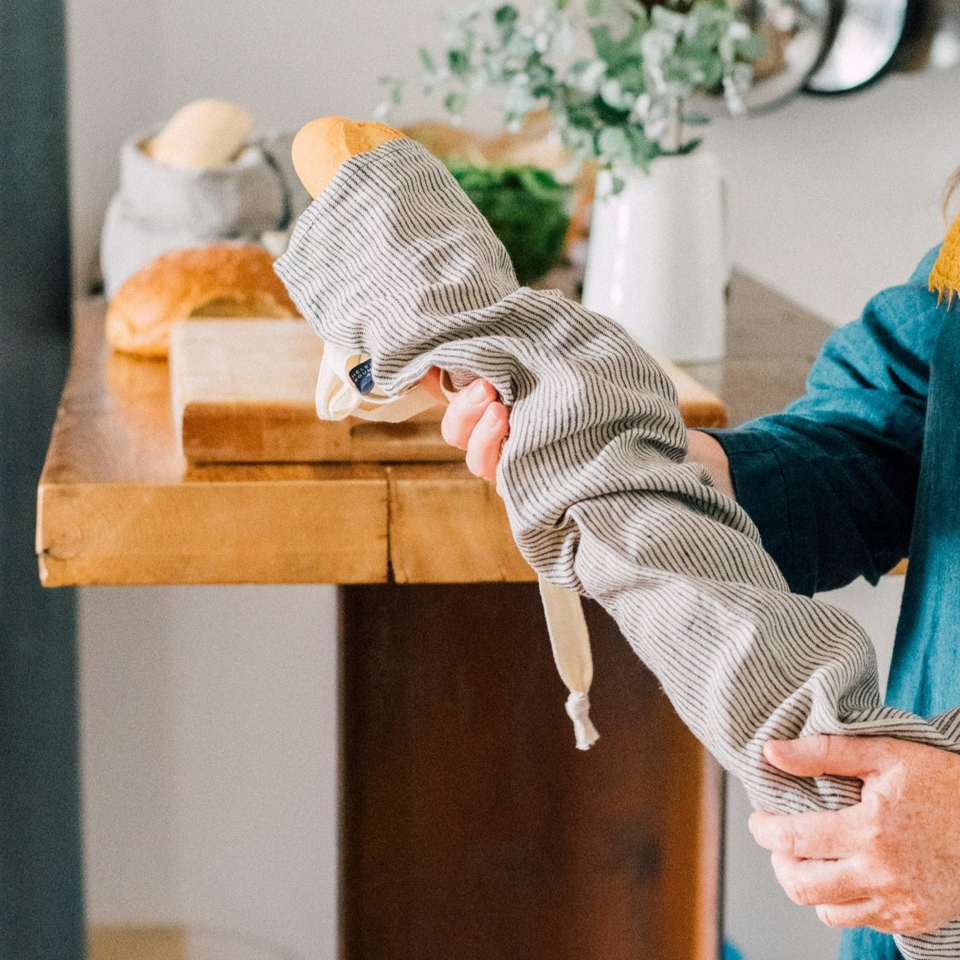Linen Baguette Bag with Navy Stripe and Tie