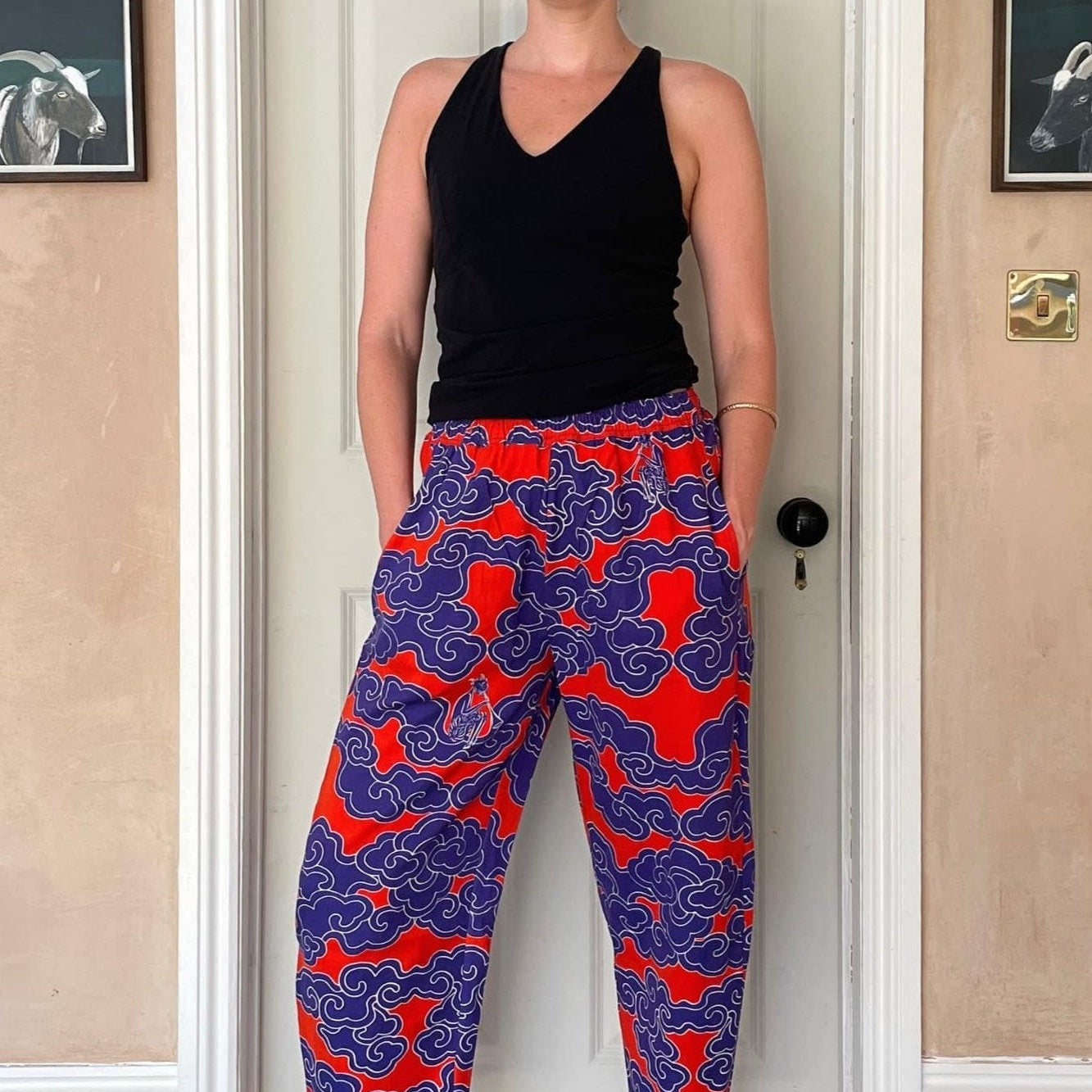 Organic cotton and linen balloon pants in Indigo Clouds