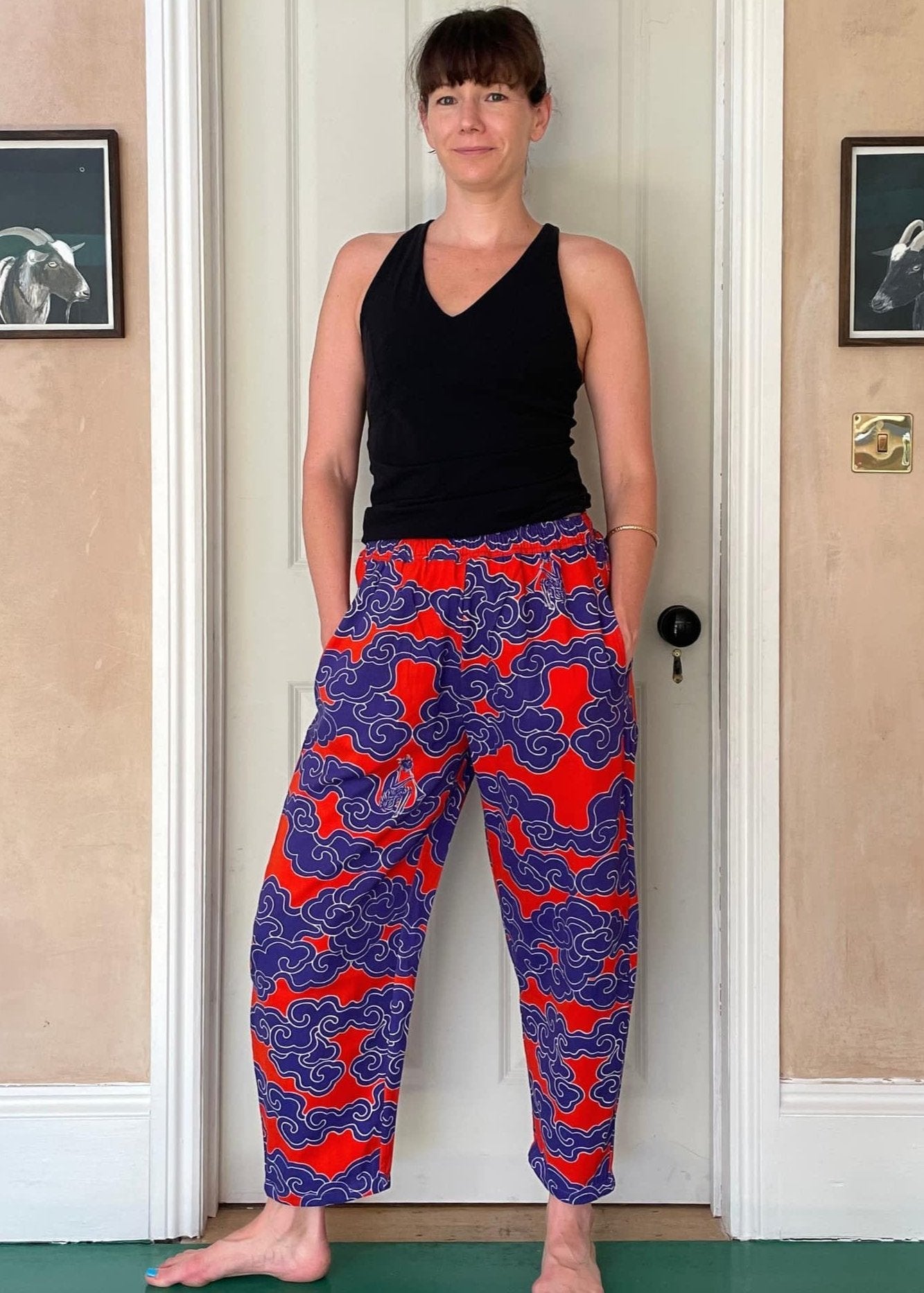 Organic cotton and linen balloon pants in Indigo Clouds