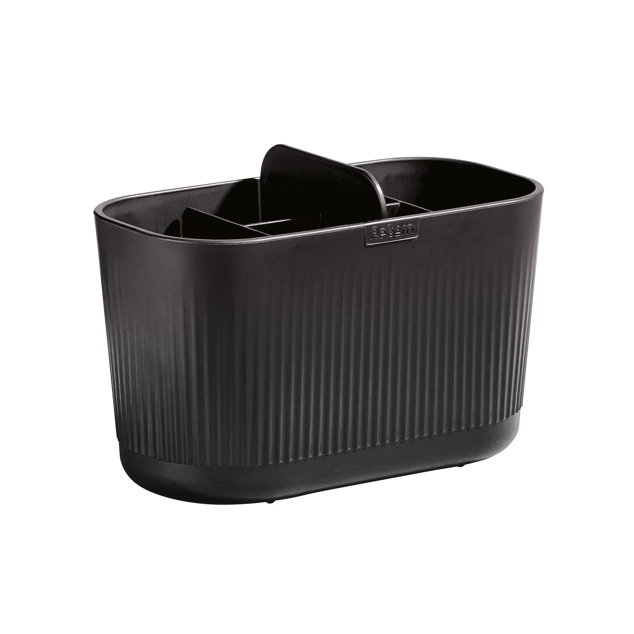Black ribbed bathroom caddy with handle, spacious design for organizing toiletries and everyday essentials.