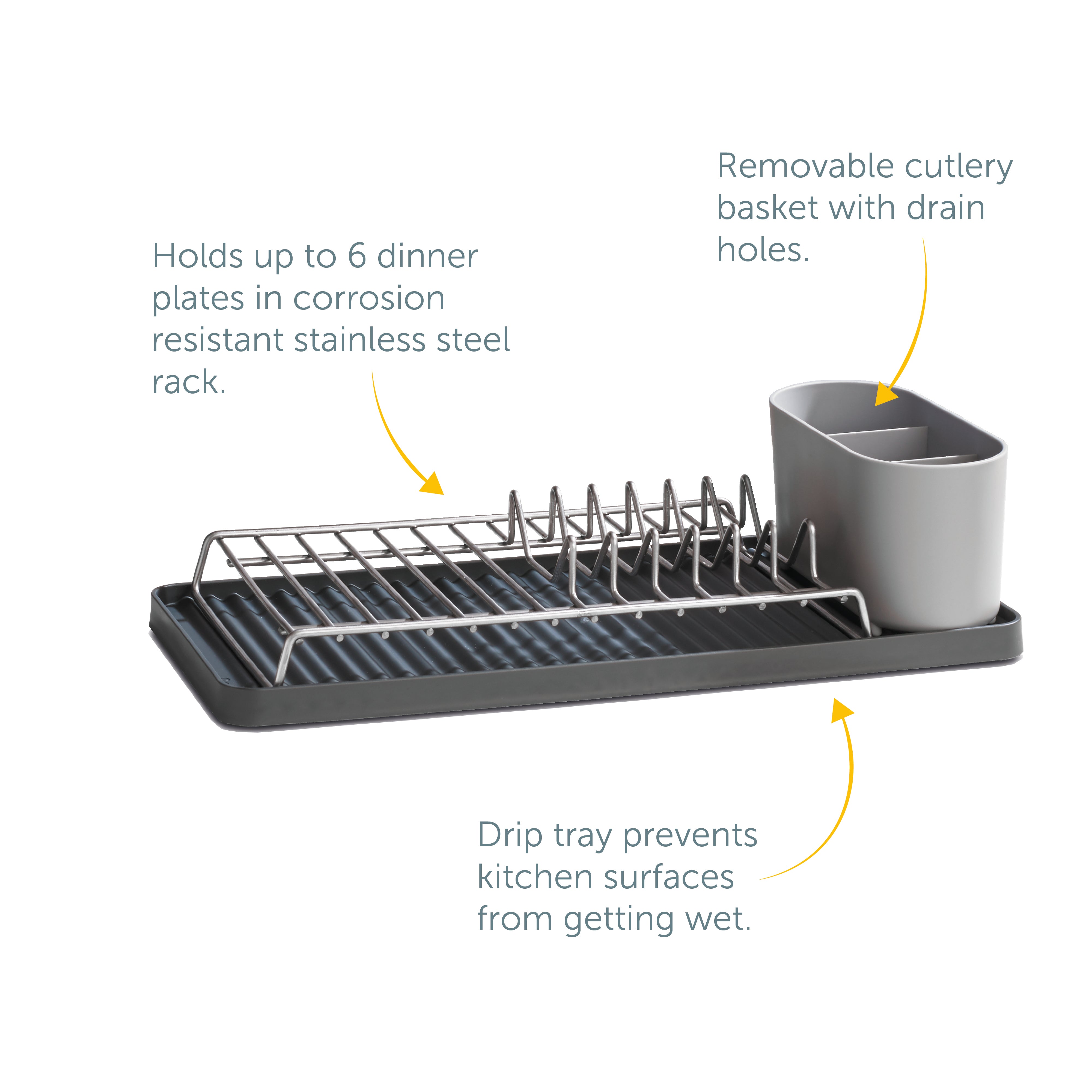 Compact recycled draining rack with stainless steel, drip tray, and cutlery basket for efficient drying.